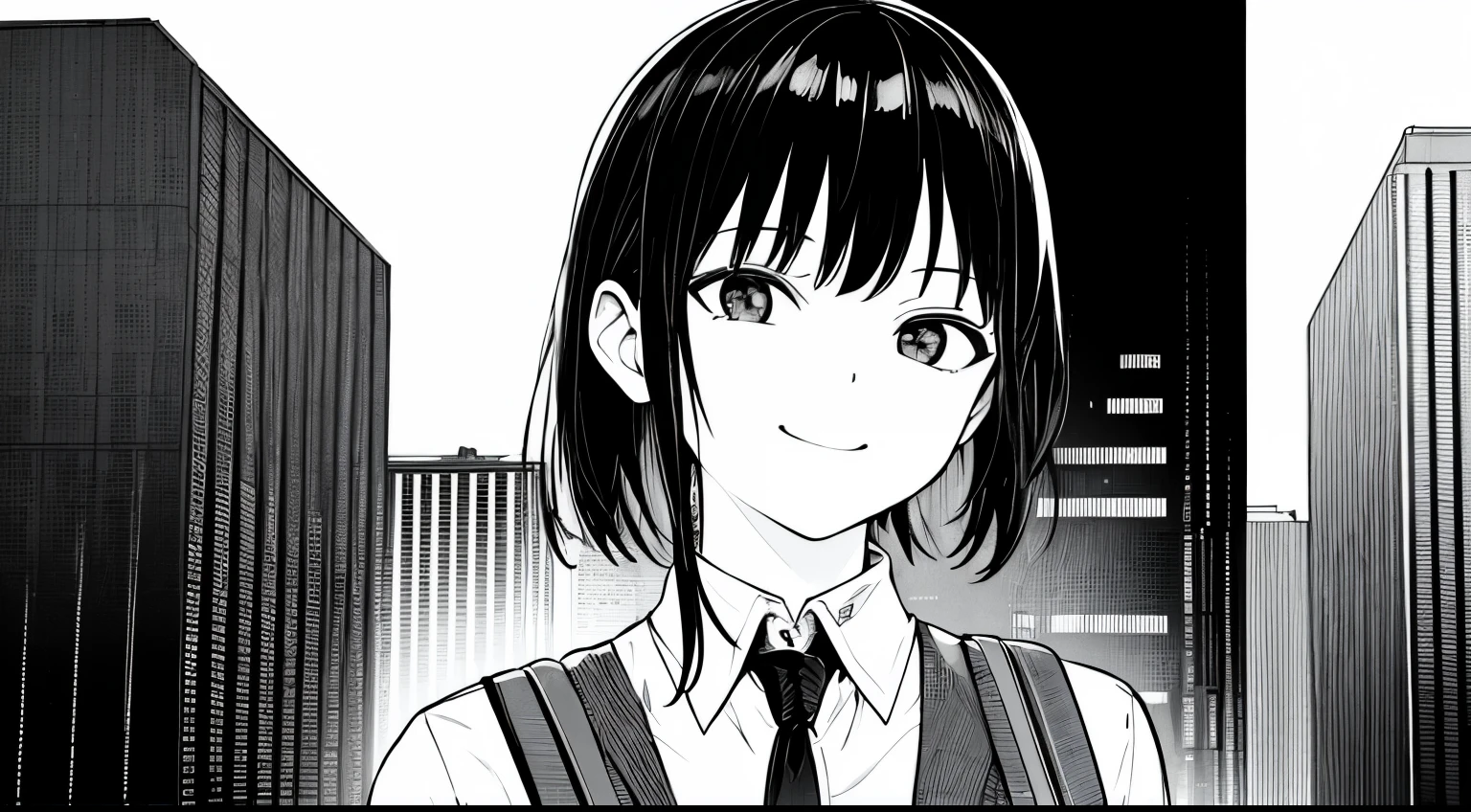 ​Masterpiece, top quality, (1 girl in), Uniforms, smile slightly, Backpack, A black-haired one, black eyes, cyberpunk, a street, monochrome, draw line