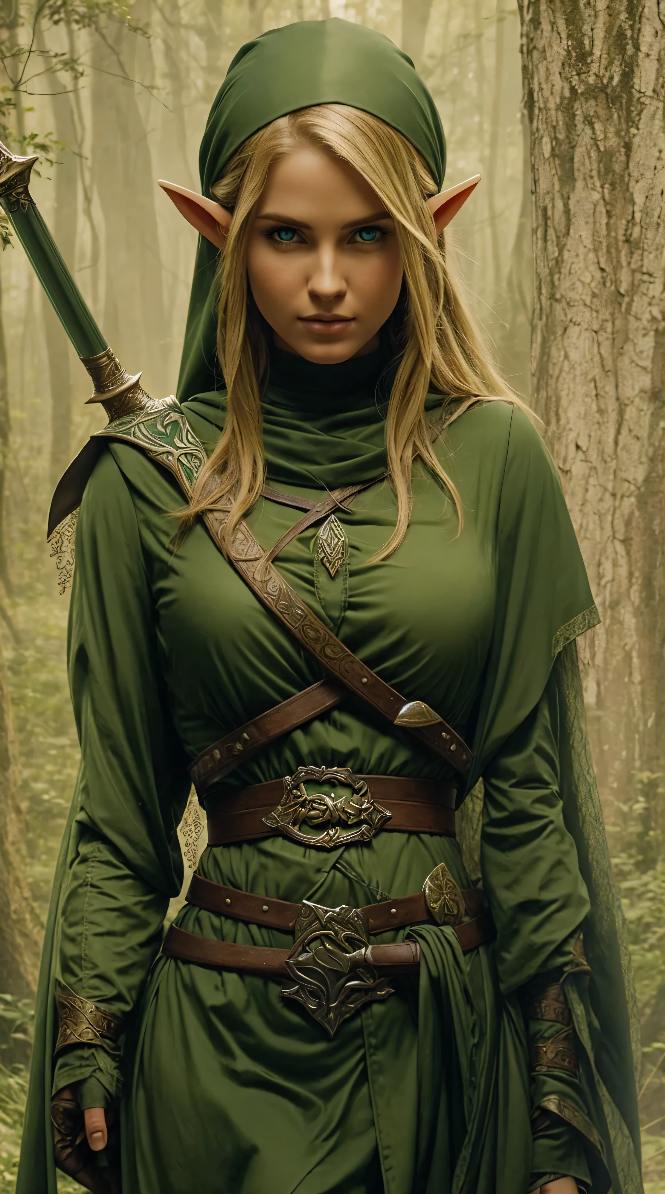 a close up of a woman in a green dress holding a sword, elf, realistic