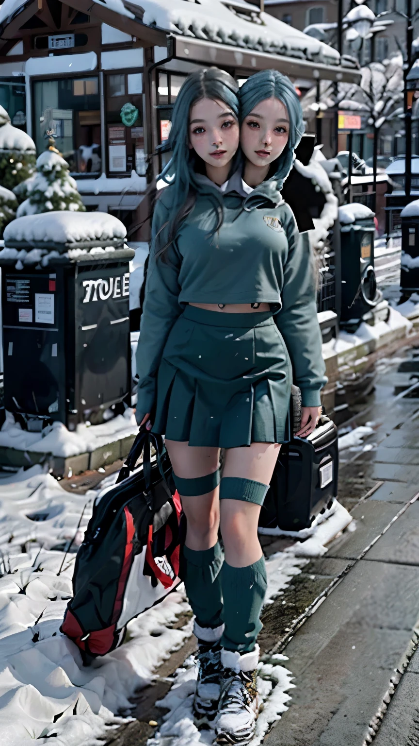 best quality,ultra high res,1girl,solo,full body,snow,city,, blue hair,green eyes,jk,school uniform, (two heads)