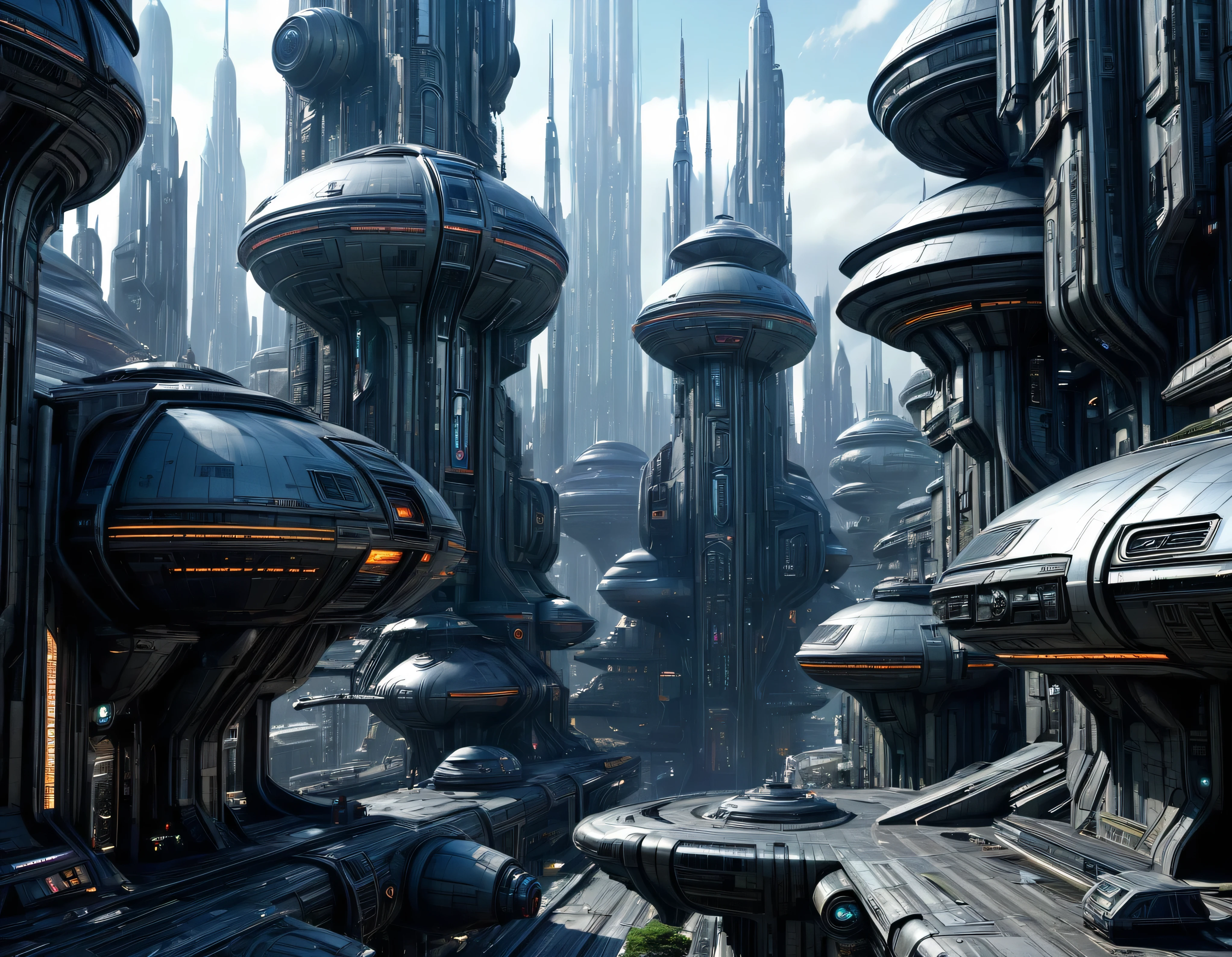 street of an extraterrestrial alien megalopoliezcla de coruscant de star wars y la ciudad futurista de tomorrowland), with futuristic and technological architecture in its metal and glass conglomerado de buildings y rascacielos, some aliens walking around, ventanas iluminadas, all full of imagination, science fiction and (intrincados detalles de la maquina).imagen fotorrealista, Maximum sharpness, calidad 8k.(obra maestra de calidad superior). 3D. cyberpunk, century XXV technolo