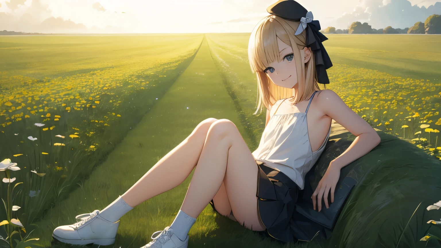 Reines, 1girl, high quality, best quality, illustration, masterpiece, (highly detailed:1.2), (extremely detailed:1.3), flat chest, backless, white sleeveless shirt, boy, feminine boy, sissy, in a field, super short skirt, white panties, innocent smile, looking at viewer, wearing hat, full body, shoes with white socks