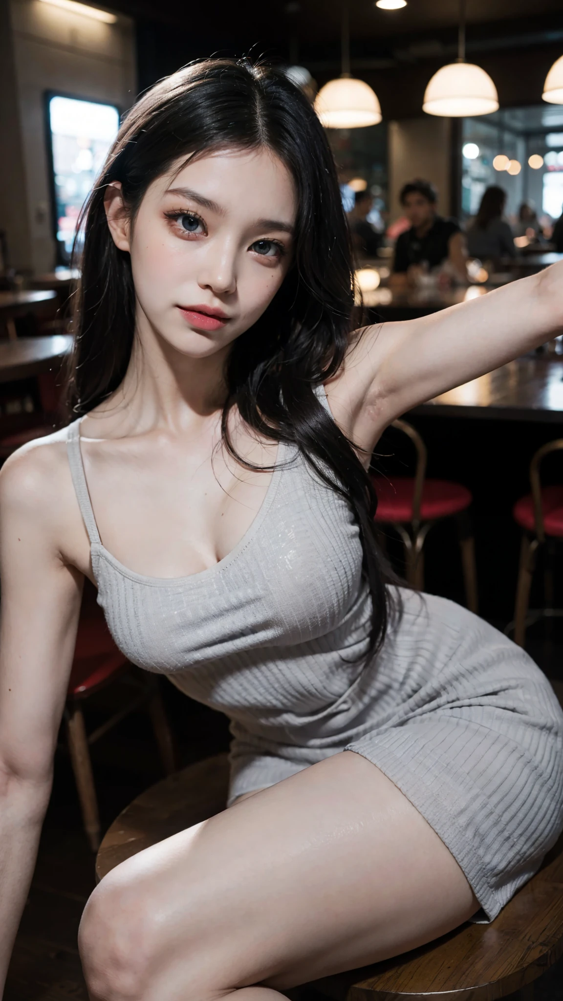 Masterpiece: 1.25, Best quality, High resolution:1.35, RAW photo:1.2, Photorealistic:1.37, Hyper-realistic, 16K, ((1girl)), Cute face, Long eyelashes, detailed eyelashes, eye shadows, glowing eyes, realistic eyes, Natural makeup, Clear facial features, Curvy build, Skinny, Slender body, Fine detailed beautiful eyes: 1.2, Happy Expression, Ulzzang, Erotic thighs, Lustrous skin, Dynamic pose, Cowboy shot, (Grey tight dress), Show armpits, Small perky breast, Photon maping, Cinematic lighting, symmetry, Elegance, Sitting at the cafe