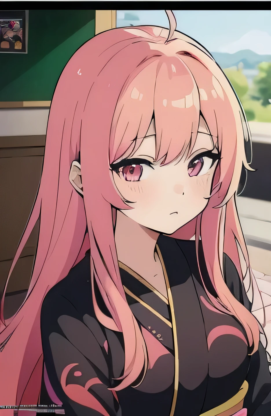 Ahoge,Anime girl with long pink hair and black kimono, beautiful anime portrait, long hair anime girl, haruno sakura, young anime girl, beautiful anime style, anime style 4k, High quality anime art style, anime style portrait, anime wallpaper, anime portrait, official artwork, cute girl anime visual, shikamimi, Anime waifu