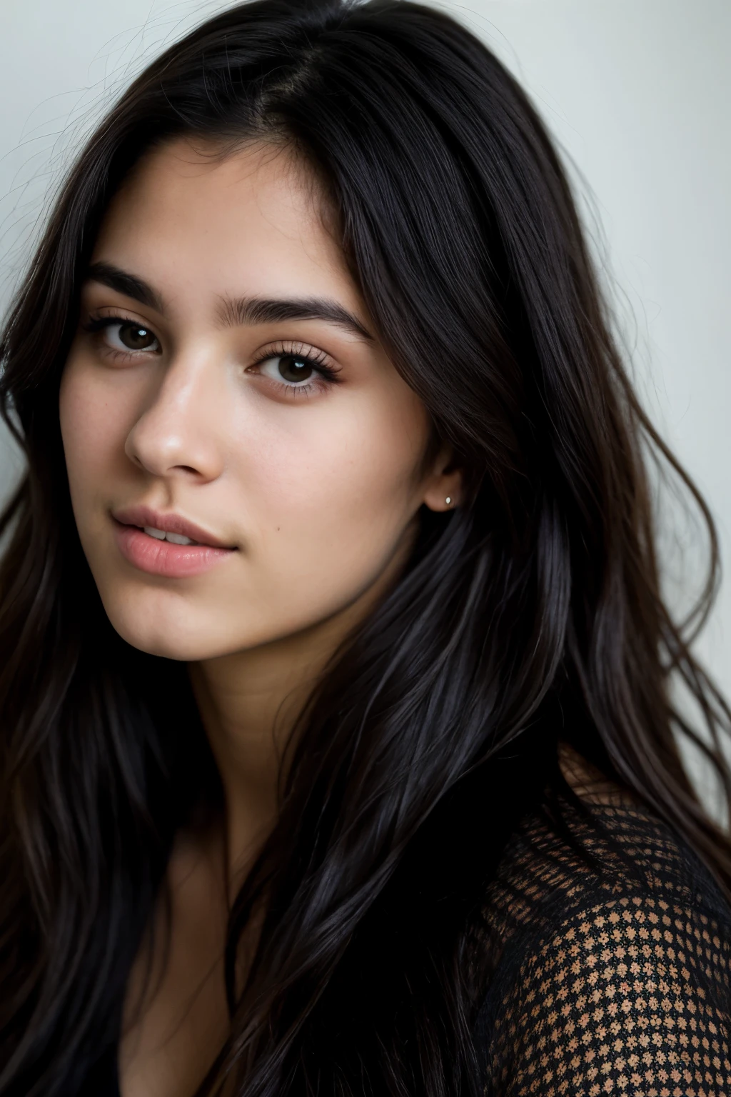 A photorealistic portrait of a 22 year old spanish, latina girl with long, flowing black hair and striking dark eyes. It should have a natural, approachable expression. She has a fine face, she look like luna okko, she is beautiful