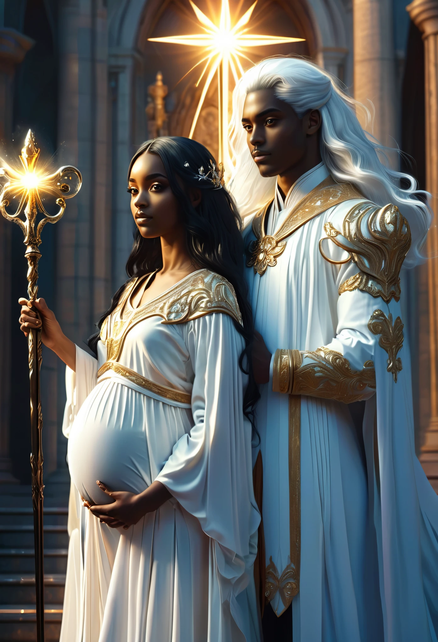 Novel in celestial landscape, a very beautiful young darkskin couple with (((a long black hair pregnant judge))) with (((a male judge with white hair))), they holding scepter, very fine face, (((very beautiful))), perfect faces, whole body, romantic scene, romantic Way, sexy couple, 8K, extremely detailed, (high quality, realistic, photorealistic: 1.37) 