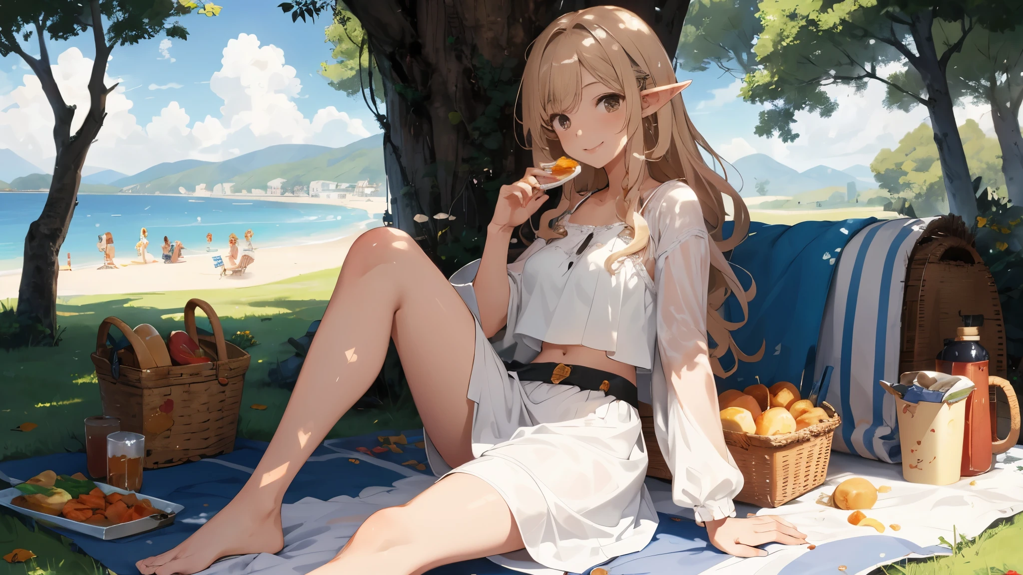 (masterpiece:1.5, best quality:1.5, painting:0.5, grayscale:0.7, absurdres:0.95), 1girl, midriff, navel, curly blonde hair, messy hair, brown eyes, elf, (casual white dress), (suntanned), alluring, legs crossed, sitting on a blanket, picnic, park, trees, food, scenery, warm smile
