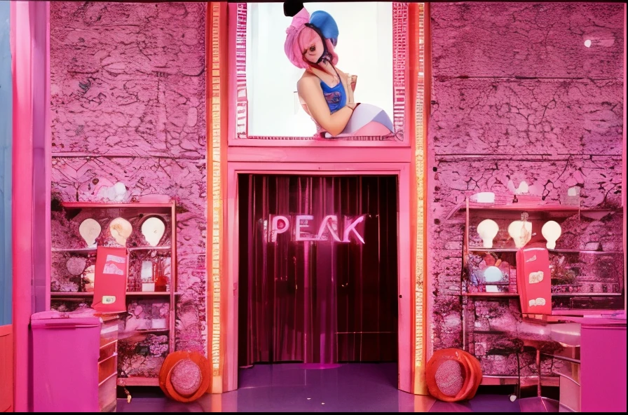 Drag queen with a cute face, Big Pink Wig, Blue Makeup, Colorful and funny look, drag queen standing in front of the workroom entrance