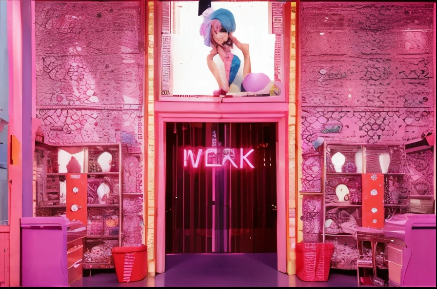 Drag queen with a cute face, Big Pink Wig, Blue Makeup, Colorful and funny look, drag queen standing in front of the workroom entrance