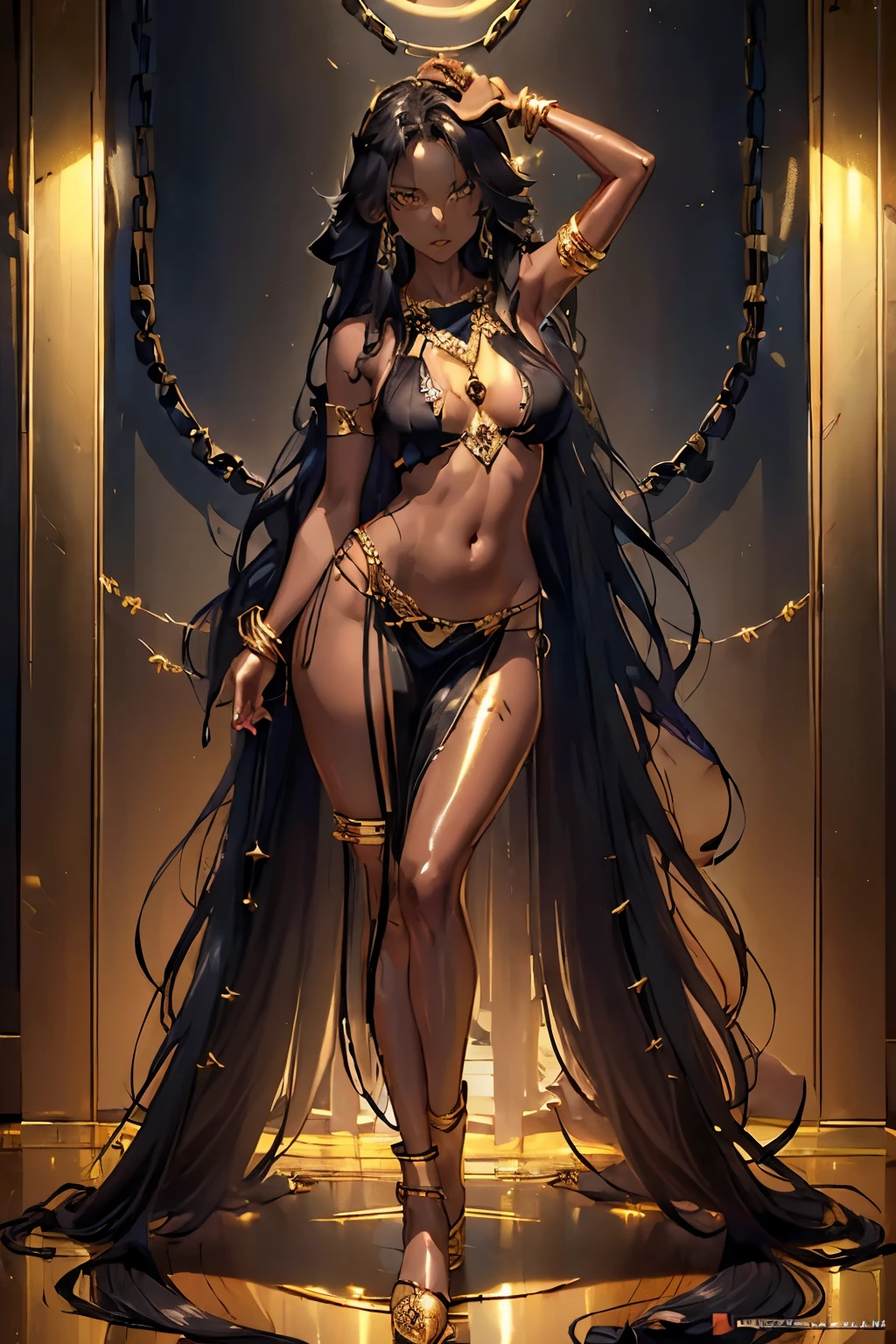 best quality, nsfw, extremely beautiful, beautiful face, long wavy dark hair, (Woman Dark : 1.6), (Dark skin : 1.6), (Shiny skin : 1.6), big breasts, long sexy black and gold dress neckline navel, black and gold breast curtains, long black and gold open_front_skirt, arousal pose, (Accessories: gold-plated chains with torn body : 1.2), (extremely long necklace that goes down to the navel : 1.6), gold leaf shaped hair brooch