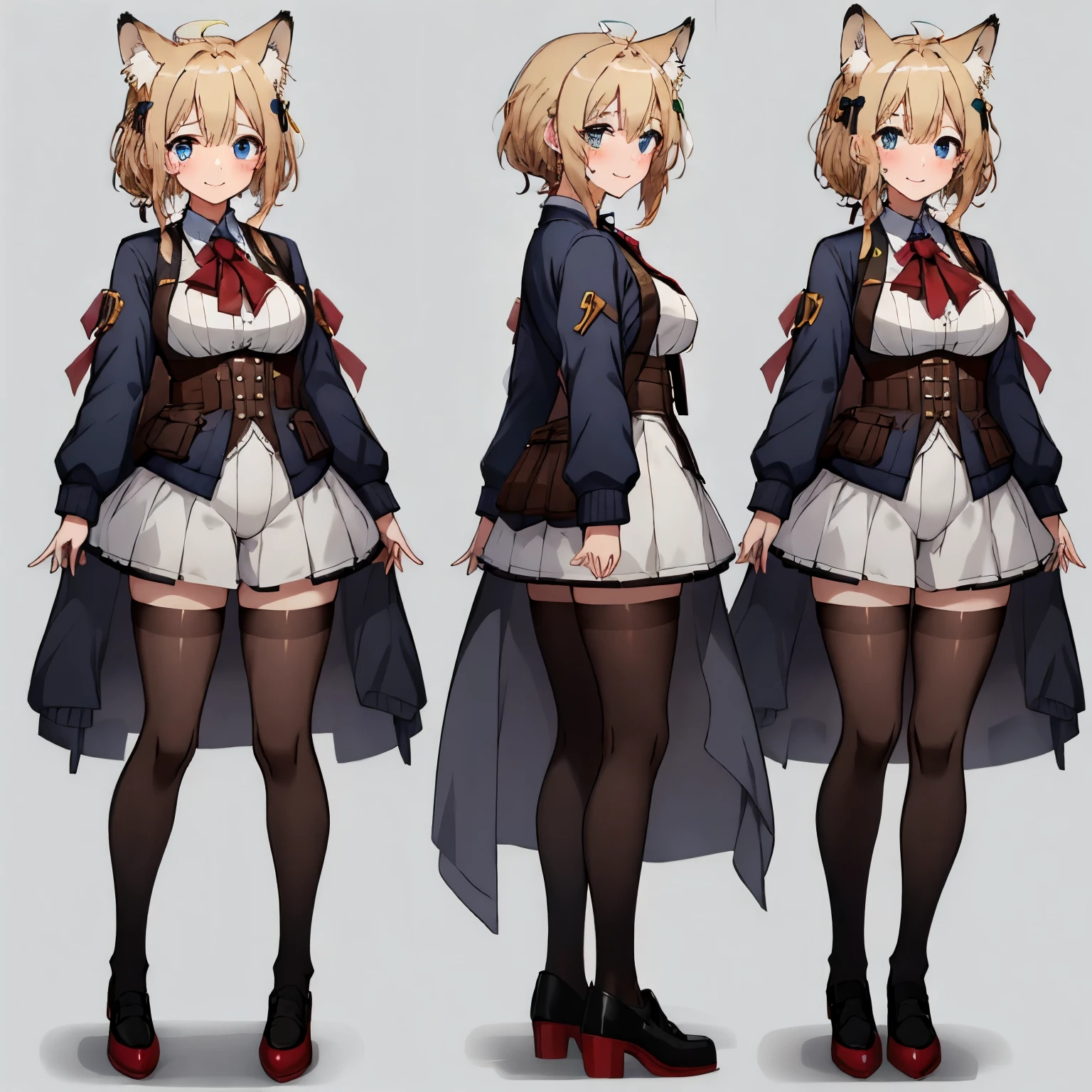 masterpiece: 1.6, highest quality: 1.4, live: 1.2, intricate details: 1.2, 1 short girl, alone, (blonde), long hair, french braid, シングル ~ sidelock, amount: 1.5, fox ears, big fox tail: 4, deep blue eyes, bright eyes, big breasts, exposed thighs:1.7, adventurer style jacket:1.5, neck apron, leotard: 3, Pouch:2.5, full body shot, multiple views, front, return, ~ side, performance, (Character setting material collection, Same character in different poses, personality reversal: 1.5, multiple views), arms behind return, portrait, Happy, Are crying, Get angry, smile