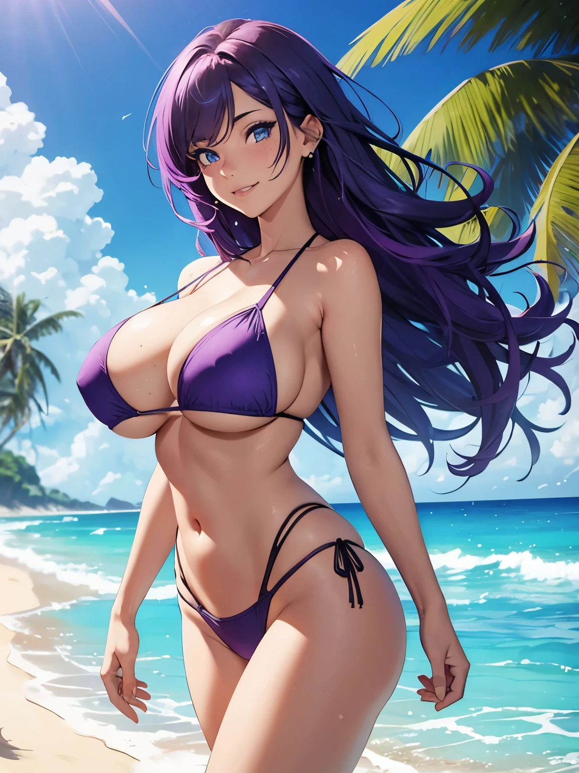 beautiful woman, purple hair, bright blue eyes, glowing eyes, lots of freckles, full lips, (gigantic breasts 1.8), extreme cleavage, deep cleavage, thin body, tiny bikini, thong, mini-bikini, micro-bikini, sling bikini, midriff, bare feet, bare legs, seductive pose, smiling, happy, extreme blushing, ultra detailed, beach background, noon, sunny day, masterpiece, 8k
