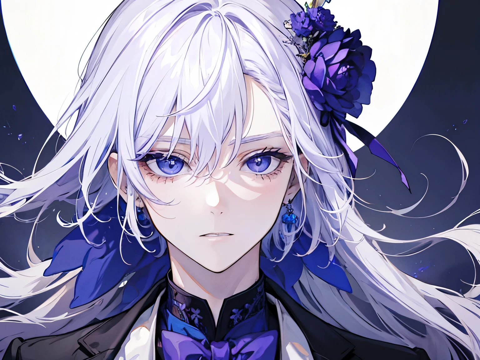 1 male, white hair, purple formal suit, blue eyes