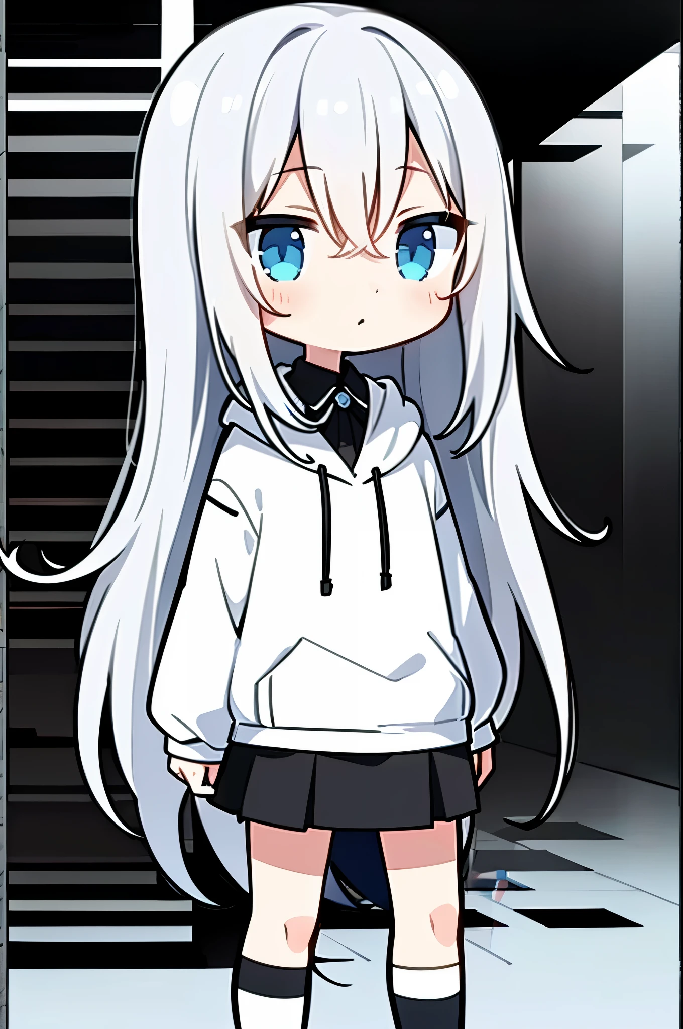 1girl, anime girl, silver white hair, long hair, blue eyes, white hoodie, black skirt, short skirt, shoes, black sock, long sock, full body, blank background