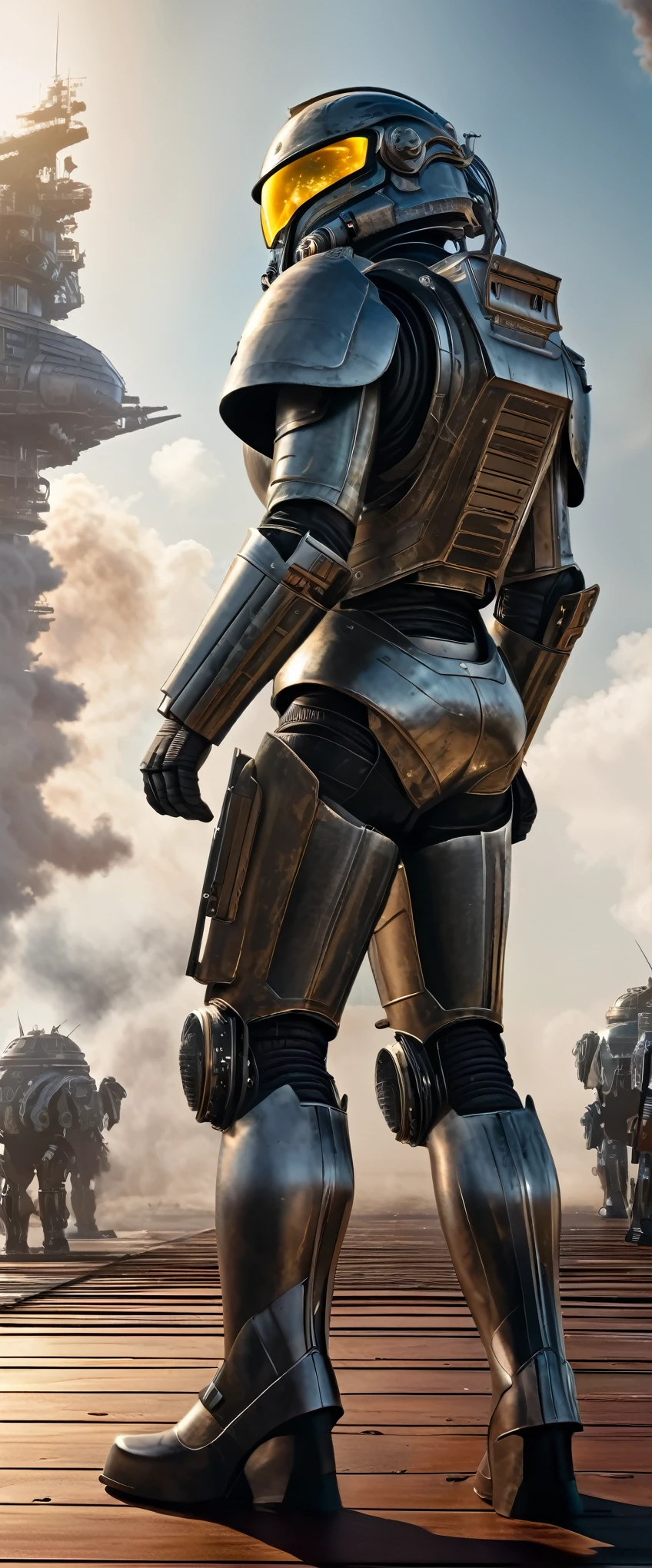 science fiction movie scene,The smoky battlefield of exploding starships,high on the deck,An iron warrior stood domineeringly,Back to,Looking back,