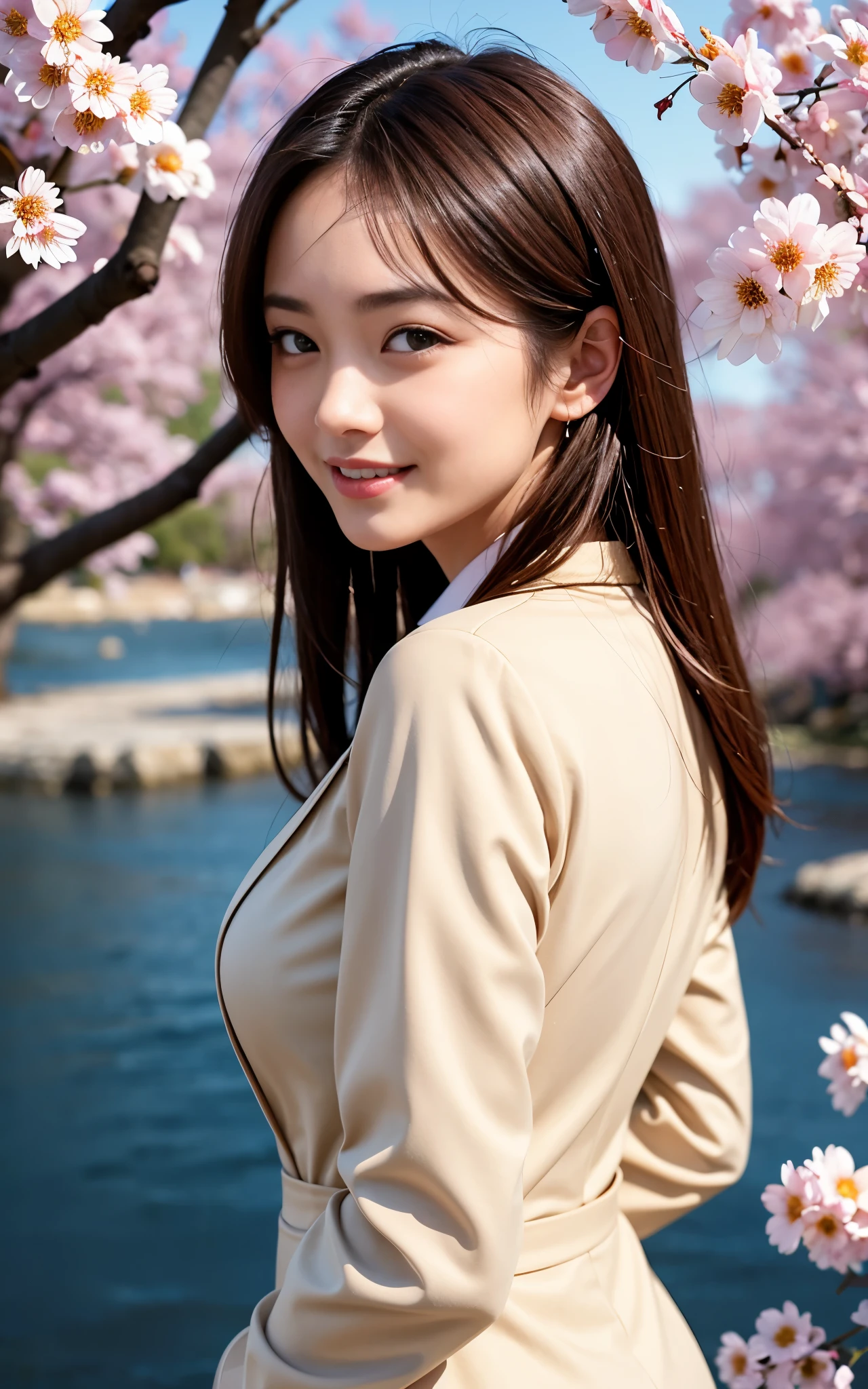 highest quality, figure, super detailed, finely, High resolution, 8k wallpaper, 完璧なダイナミックな構figure, beautiful skin, (big eyes), 20 year old beautiful girl, natural color lip, (sexy pose), mid chest, smile, Highly detailed face and skin texture, Detailed eyes, Double eyelid,leaking teeth and laughing, close-up, from behind, long brown hair, (beige suit), (blouse:1.2), cherry blossoms