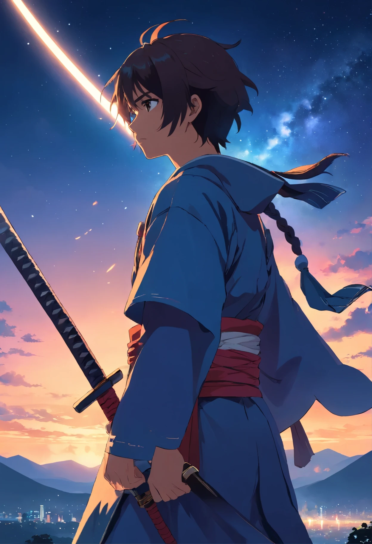make a samurai alone fighting all his life and looking depressed in cool armor looking at the midnight sky