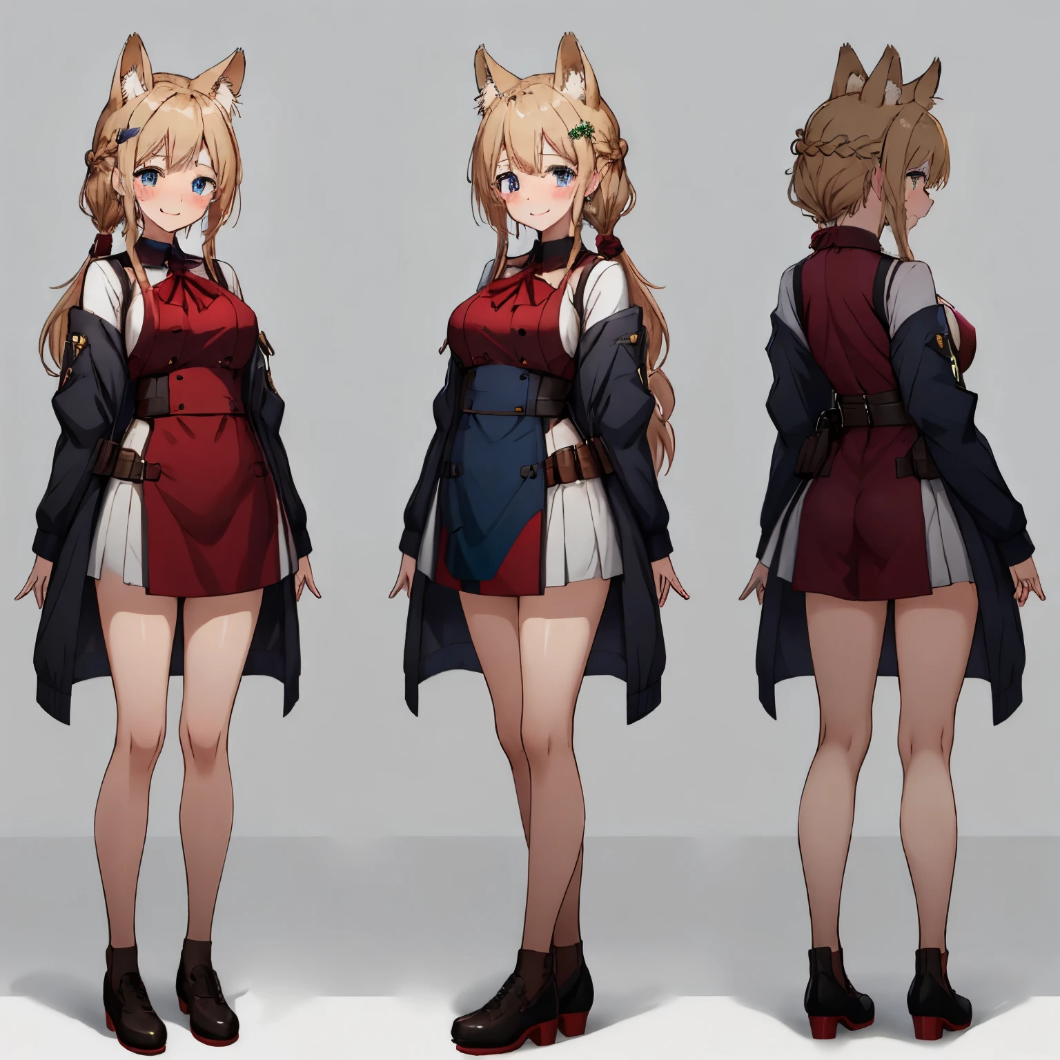 masterpiece: 1.6, highest quality: 1.4, live: 1.2, intricate details: 1.2, 1 short girl, alone, (blonde), long hair, french braid, シングル ~ sidelock, amount: 1.5, fox ears, fox tail: 4, deep blue eyes, bright eyes, big breasts, exposed thighs:1.7, adventurer style jacket:1.5, Neck apron with short hem, leotard: 3, Pouch:2.5, full body shot, multiple views, front, return, ~ side, performance, (Character setting material collection, Same character in different poses, personality reversal: 1.5, multiple views), arms behind return, portrait, Happy, Are crying, Get angry, smile