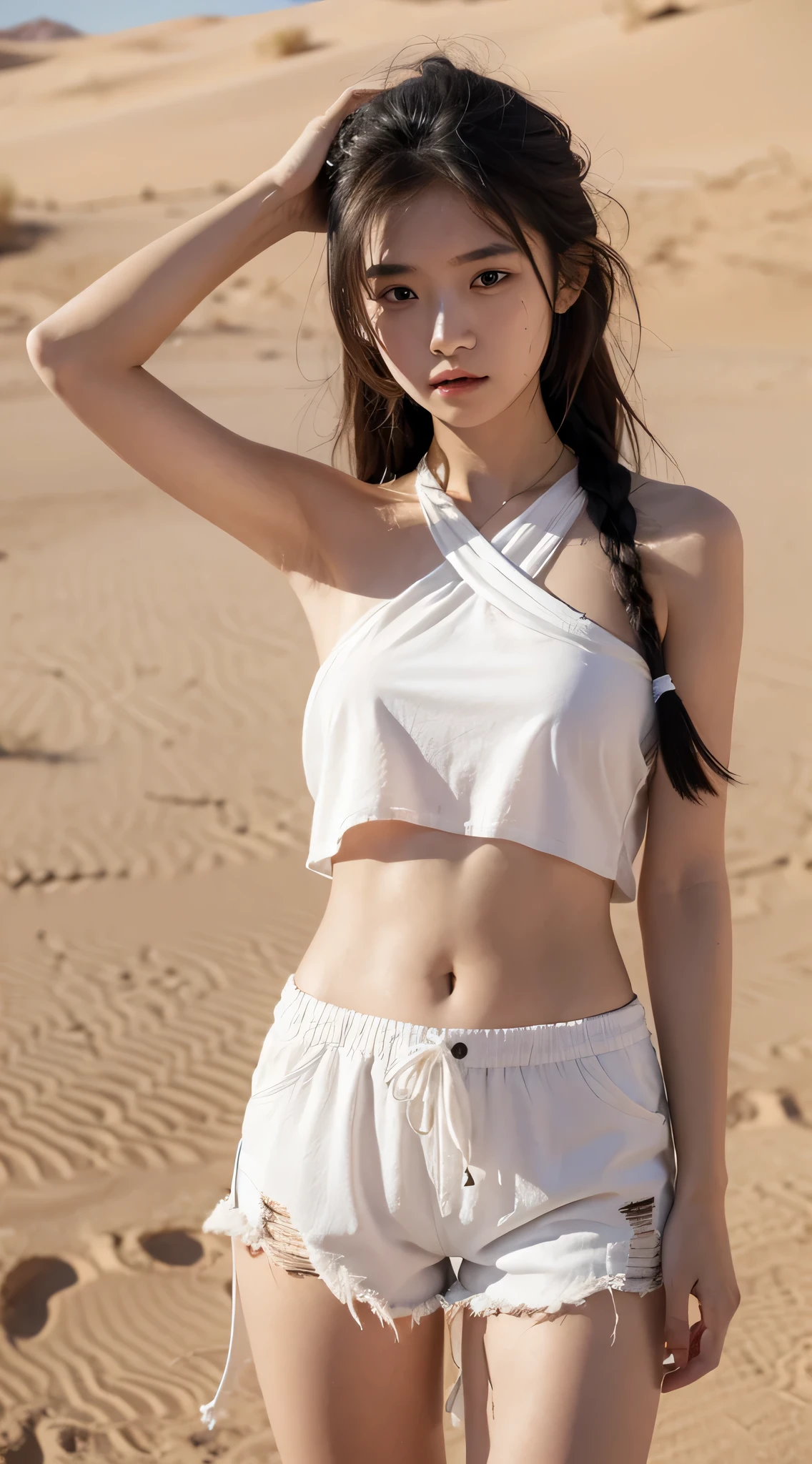 a girl, in the desert, White clothes, Tattered sling, Tattered shorts, There are beads of sweat on the body