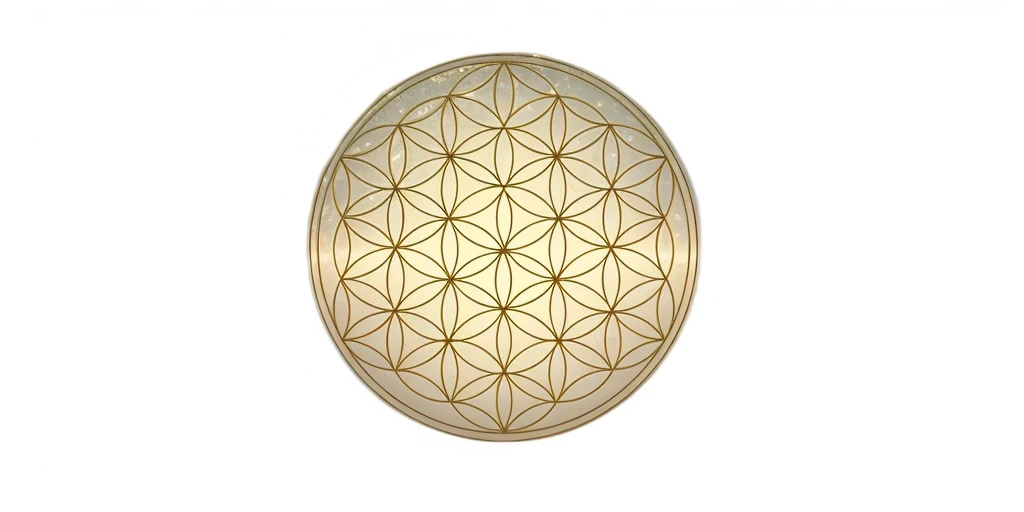there is a white oval mirror with a gold flower of life design, flower of life, Gold Inlay, on a reflective gold plate, Sacred geometry, overlaid Sacred geometry, golden sacred tree, Sacred geometry pattern, centered in picture, golden aura, Gili, fractal Sacred geometry, golden fantastic light, geometry and astrology, Golden Inlay