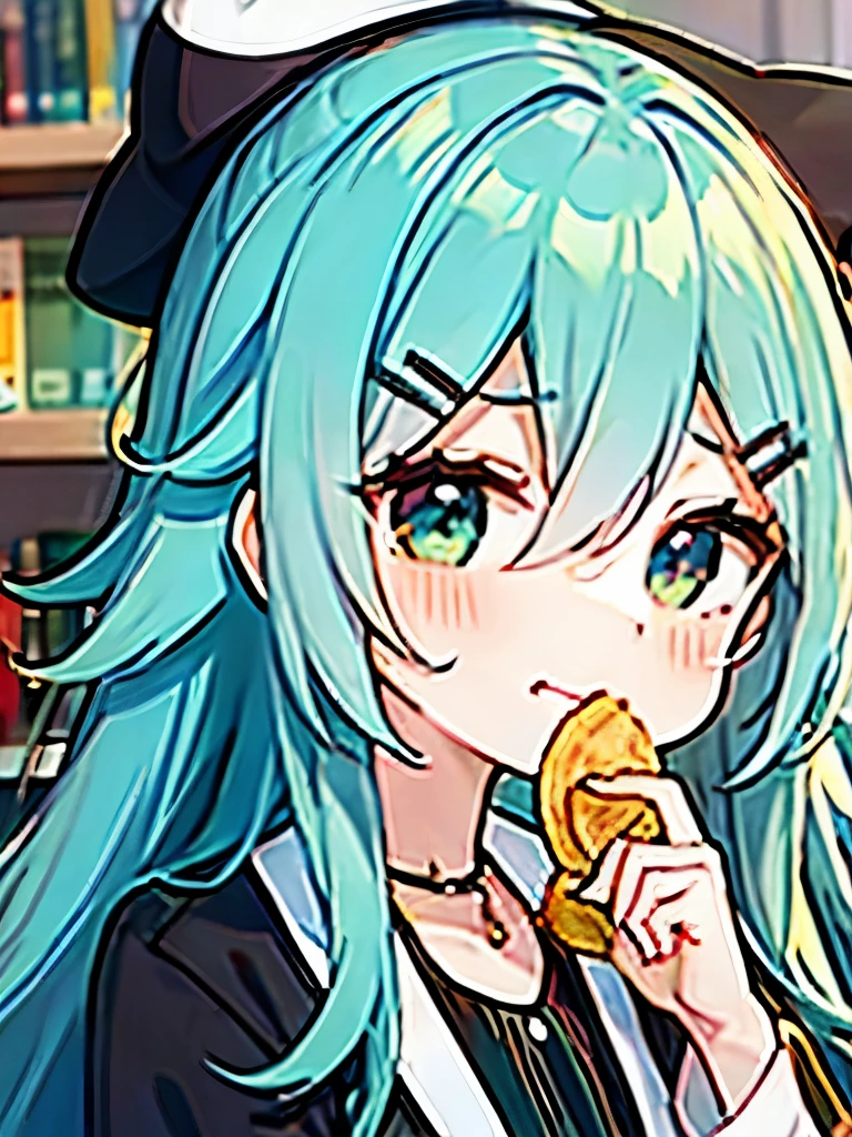 watch tv、girl eating potato chips、room、green hair color