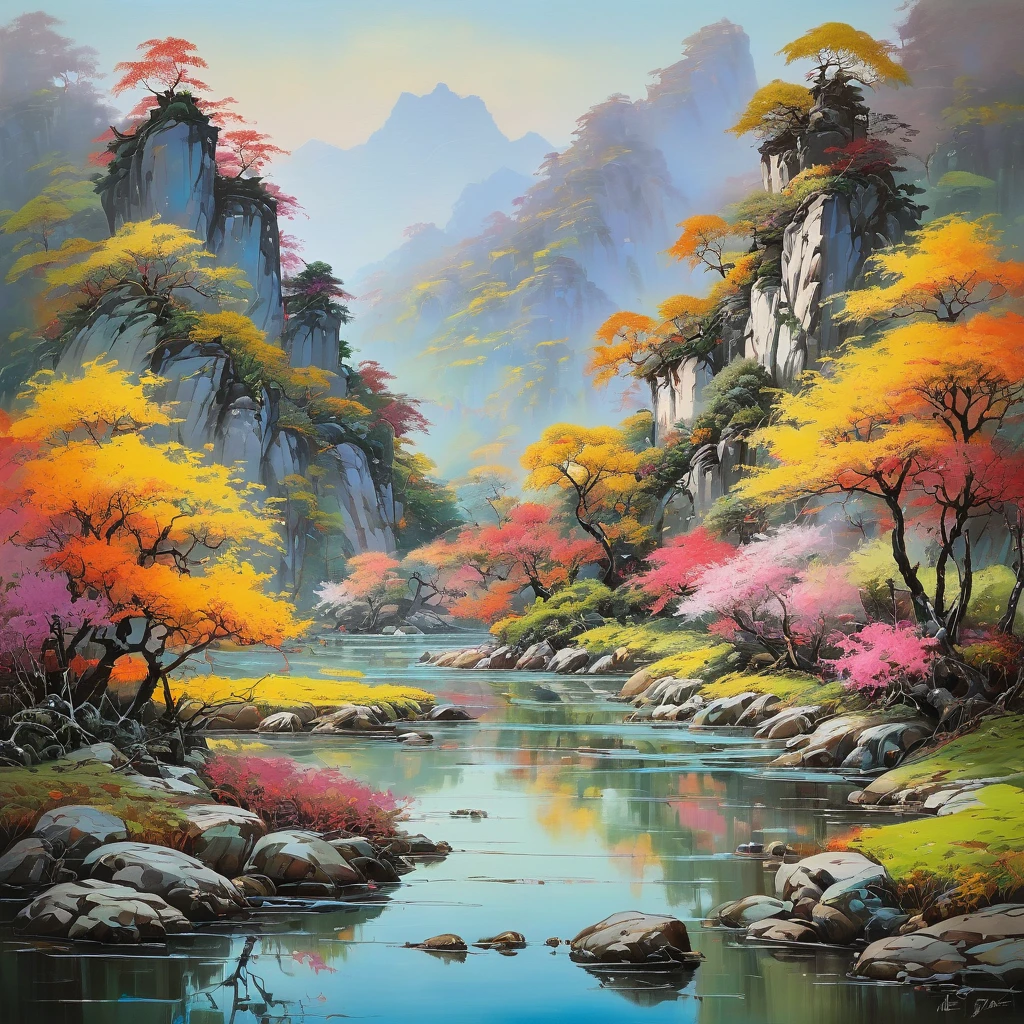 (aesthetic,extremely detailed,Wu-Guanzhong)oil painting of a serene landscape with vibrant colors,his signature brushstrokes, and meticulous attention to detail. The painting showcases a picturesque scenery, featuring majestic mountains, winding rivers, and lush vegetation. The composition is balanced and harmonious, with a serene atmosphere that evokes a sense of tranquility and contemplation. The color palette is vibrant and expressive, with bold brushwork capturing the essence of nature's beauty. The lighting in the painting is soft and diffused, casting gentle shadows and creating a sense of depth and dimension. The artist's unique style is evident in every brushstroke, creating a mesmerizing work of art that celebrates the beauty of the natural world. The painting is of the highest quality, with ultra-detailed elements that showcase the artist's masterful technique. The texture of the artwork is rich and tactile, inviting viewers to immerse themselves in its beauty. Wu Guanzhong's aesthetic vision and dedication to capturing the essence of the landscapes make this oil painting a true masterpiece.