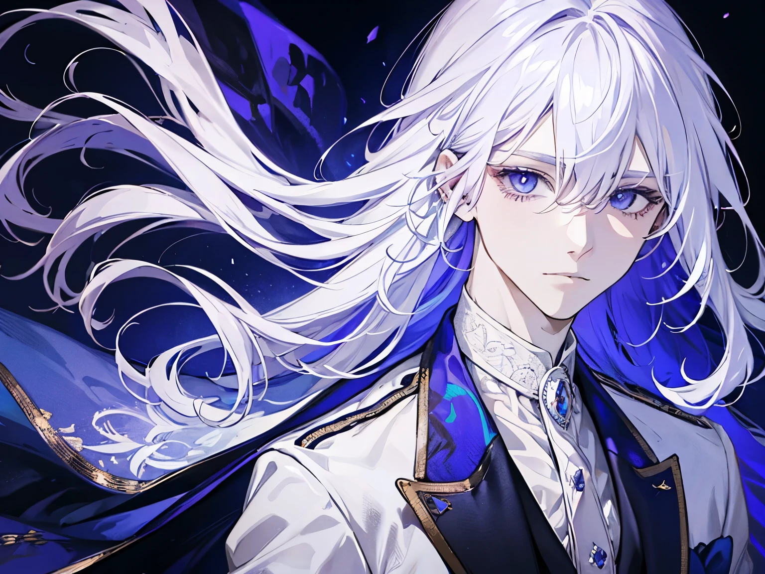 1 male, white hair, purple formal suit, blue eyes