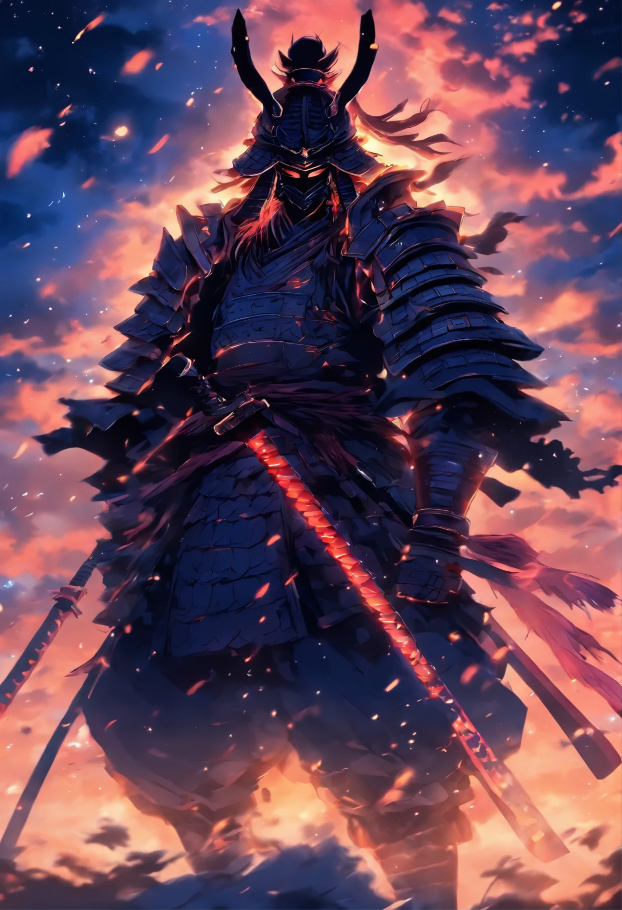 make a samurai alone fighting all his life and looking depressed in cool armor looking at the midnight sky