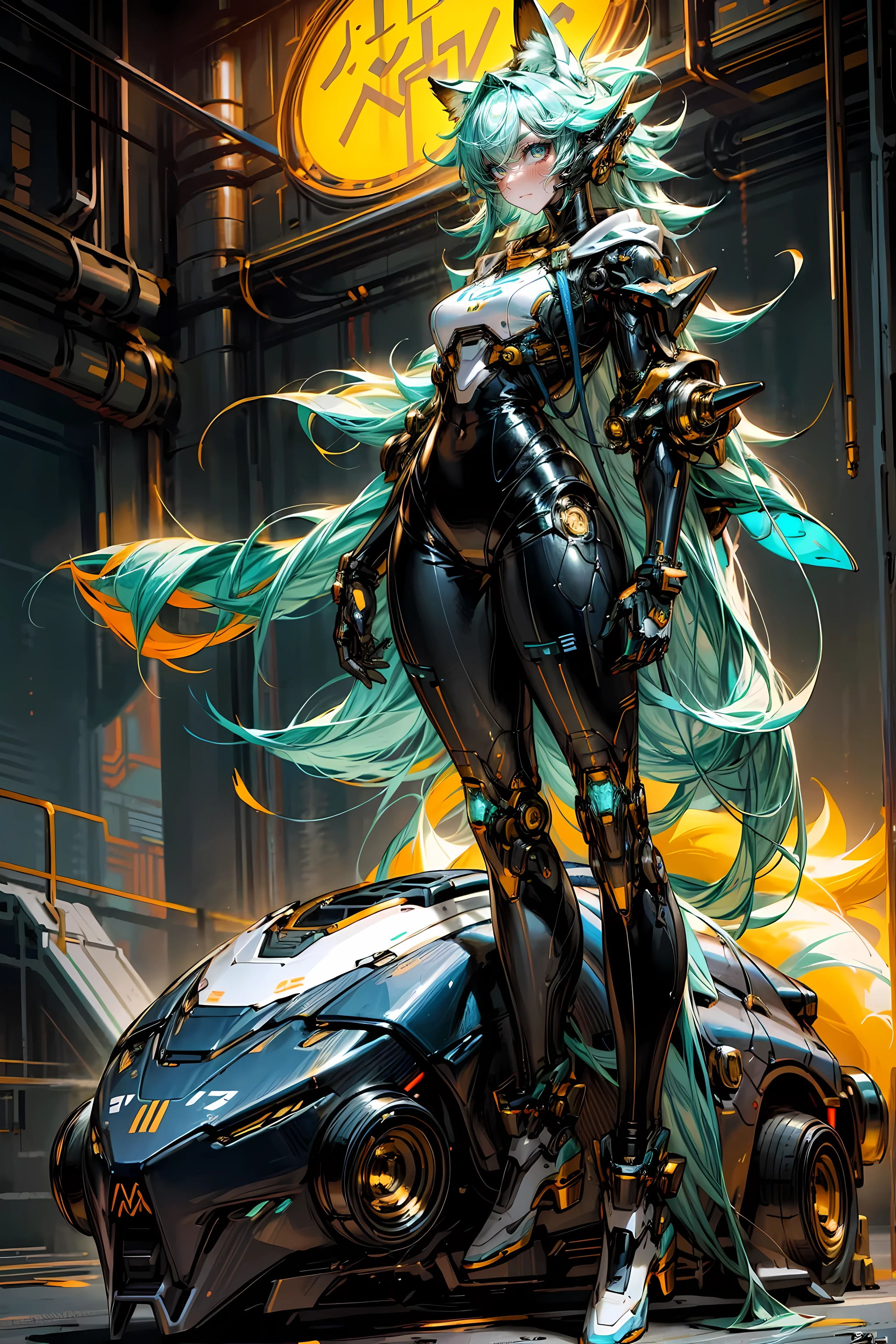 sci-fi fox girl,fox girl,metallic feel,shining silver armor,glowing neon lights,science fiction theme,Colorful futuristic background,masterpiece:1.2,Super detailed,actual:1.37,portrait,Cool blue tones,stunning lighting,whole body,Perfect body