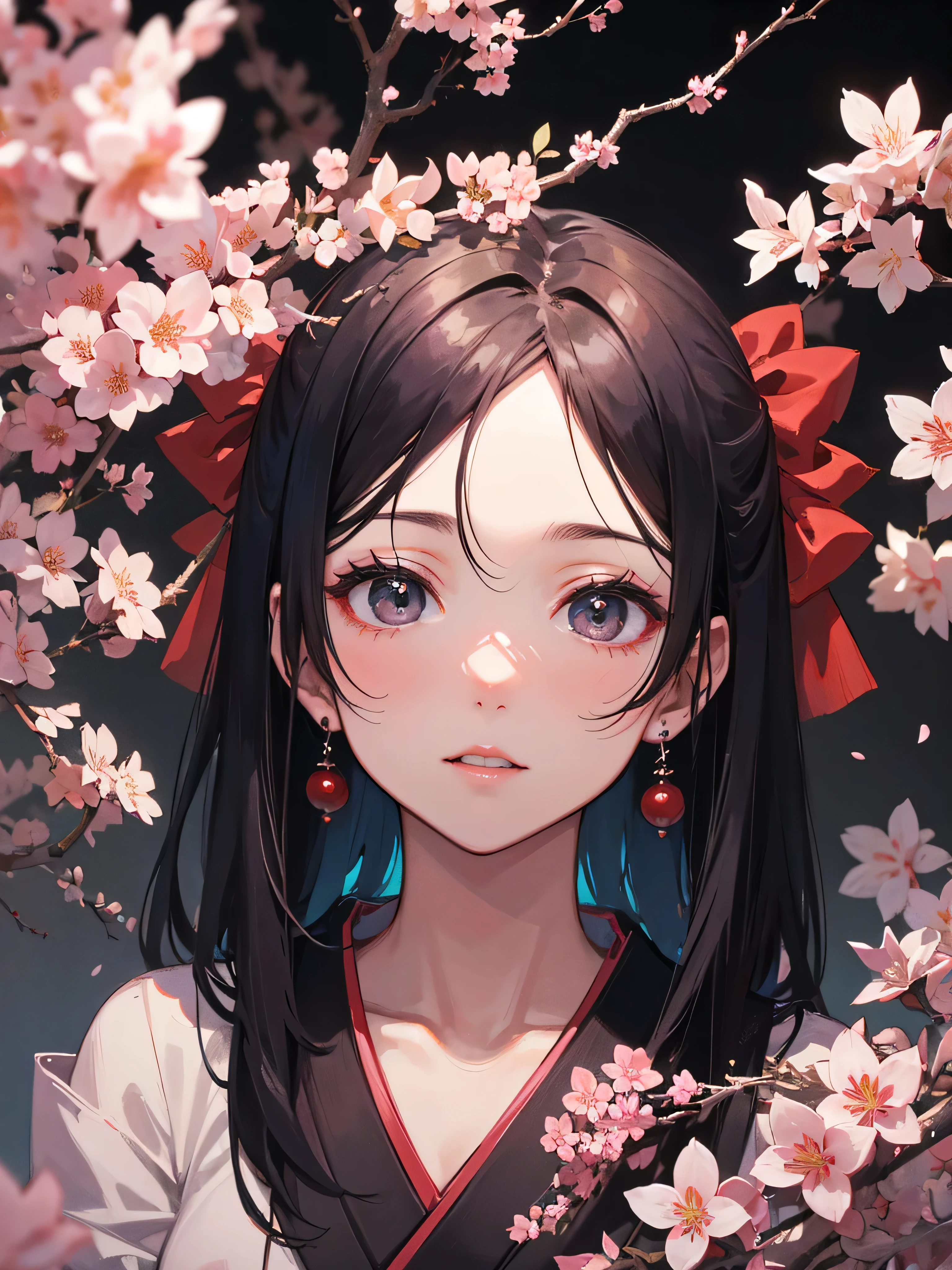 beautiful japanese supermodel woman, hair with slight highlights, black eye, mixed media, sexy,cherry blossom background,gorgeous kimono , liquid color spreads across her face, Backlight