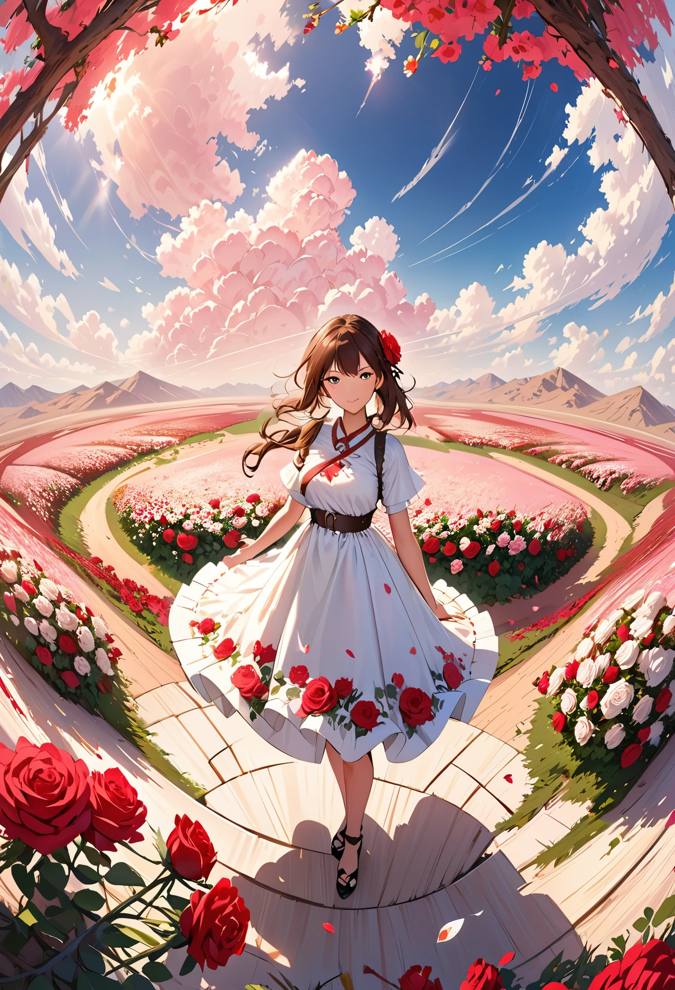 summer, desert, rosy clouds, On a land covered with roses stands beautiful girls, james gurney, Art station rendering, ultra wide angle lens, HD