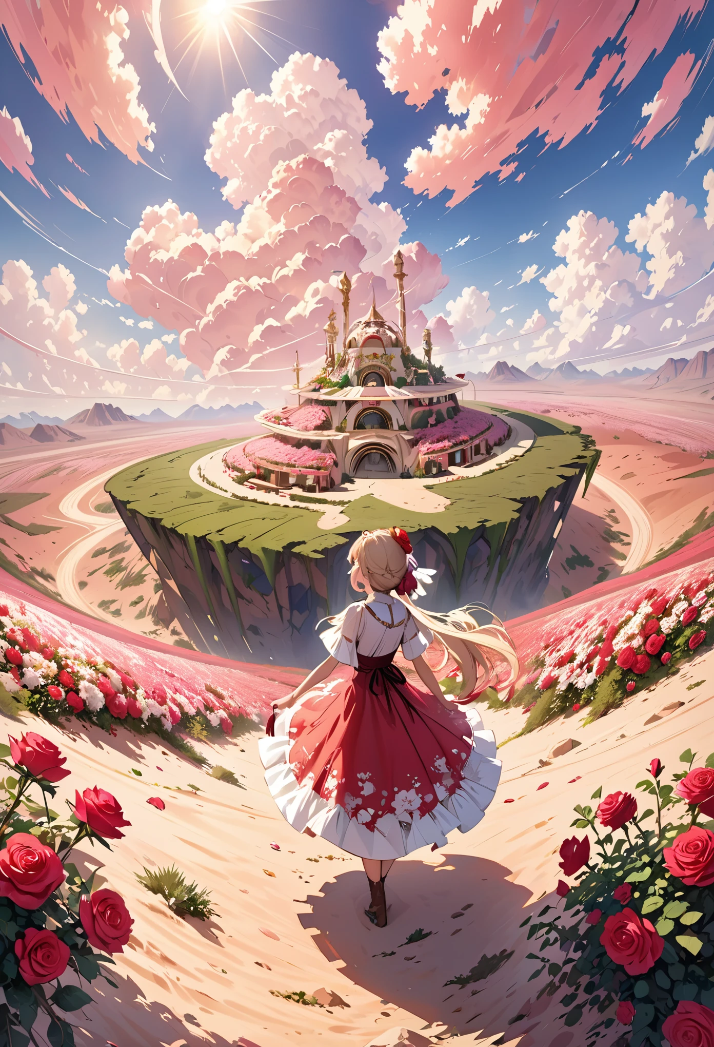 summer, desert, rosy clouds, On a land covered with roses stands beautiful girls, james gurney, Art station rendering, ultra wide angle lens, HD