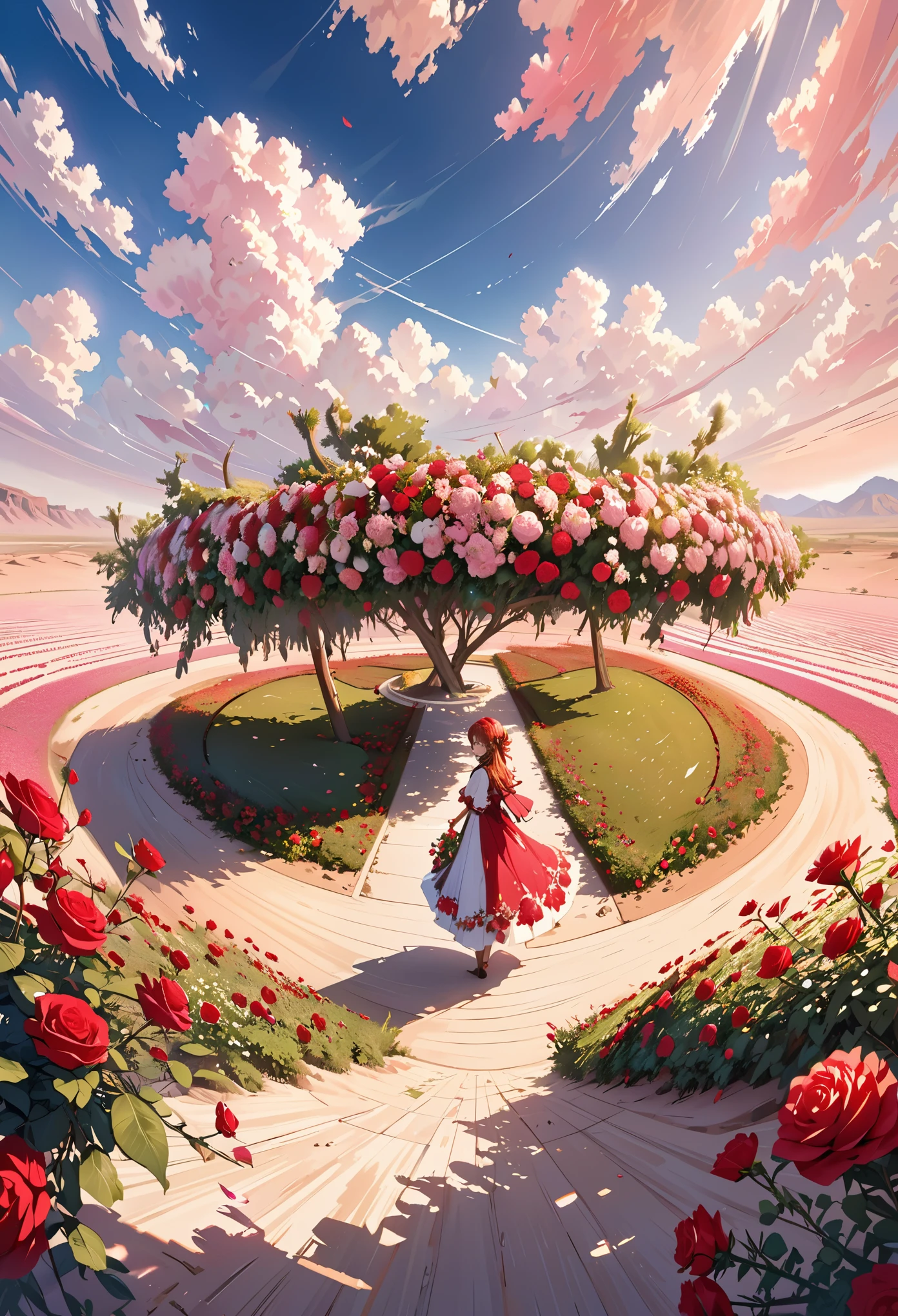 summer, desert, rosy clouds, On a land covered with roses stands beautiful girls, james gurney, Art station rendering, ultra wide angle lens, HD