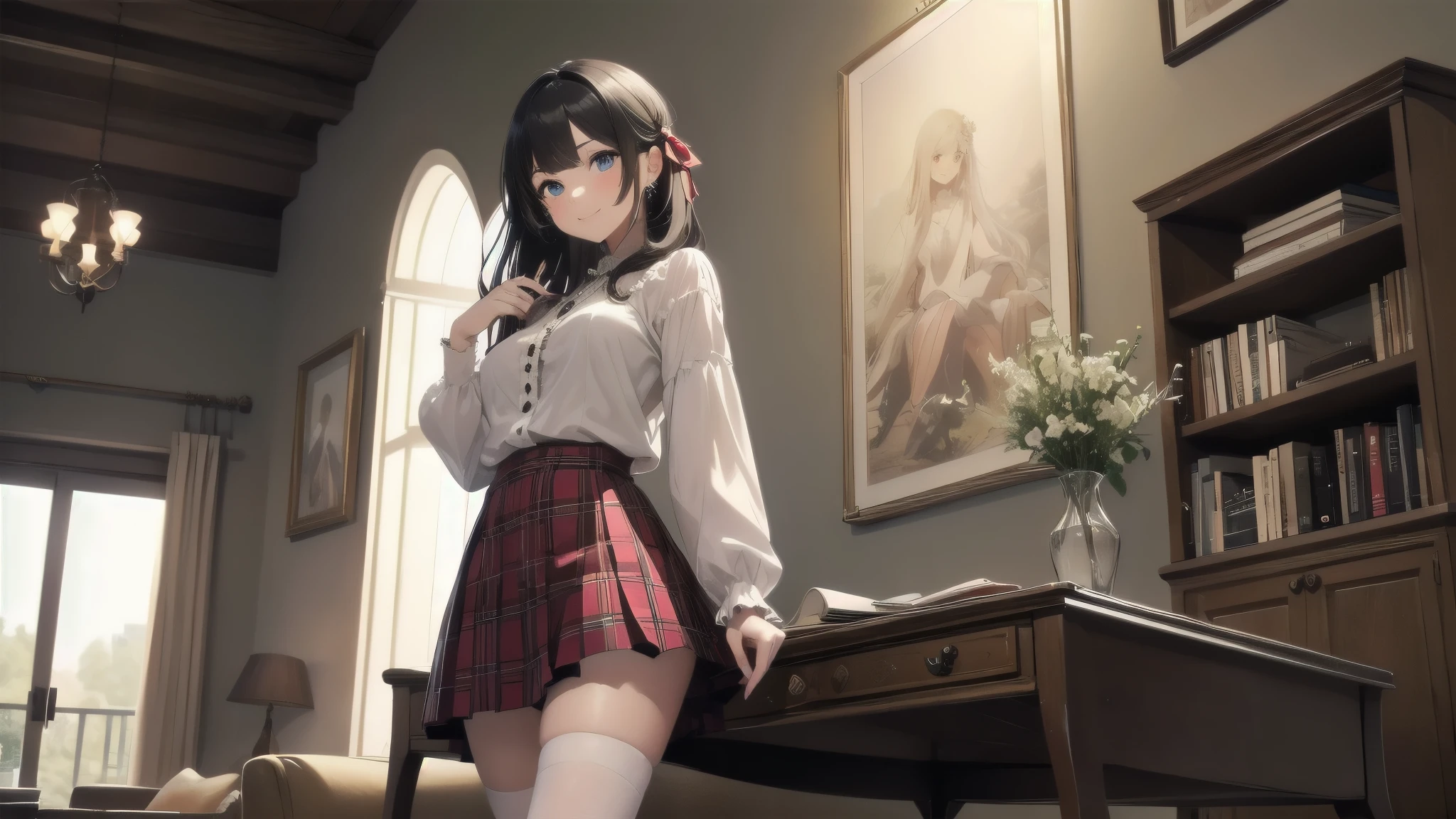 very cute and beautiful girl,(highly detailed beautiful face and eyes:1.2),(smile),(mid shot),
(white blouse with detailed frills),long sleeve BREAK detailed legs,zettai ryouiki,
standing,stylish pose,
dynamic angle,hair ribbon,black hair,hime cut,(scarlet plaid mini skirt)
BREAK living room,flowers in vase,wooden desk,(bookshelf:0.9),jewelry box,european carpet,distant trees,
(best quality,masterpiece:1.2),(intricate details),highres,1 girl,solo,cinematic scene,hair fluttering in the wind,