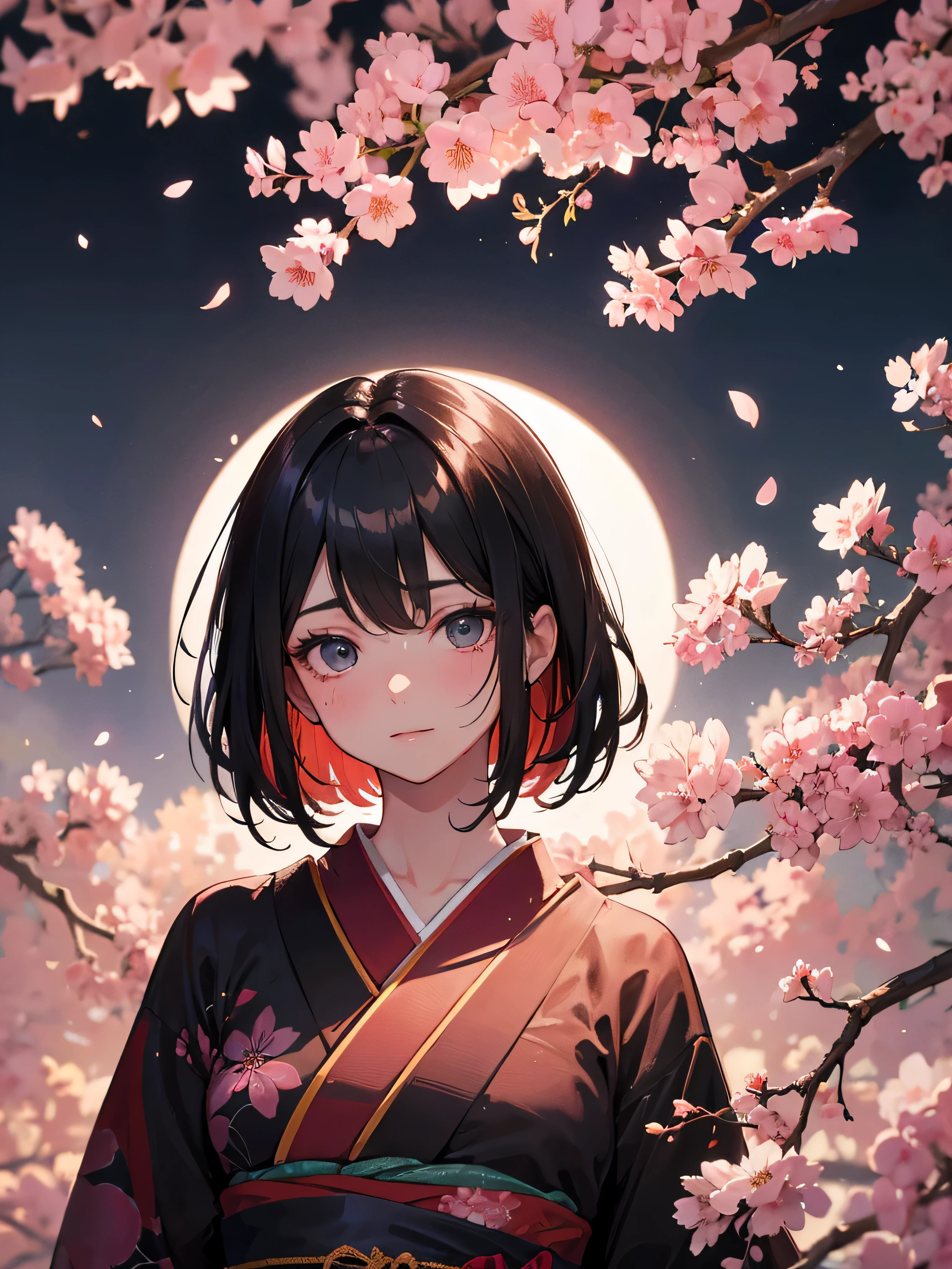 beautiful japanese supermodel woman, hair with slight highlights, black eye, mixed media, sexy,cherry blossom background,gorgeous kimono , liquid color spreads across her face, Backlight