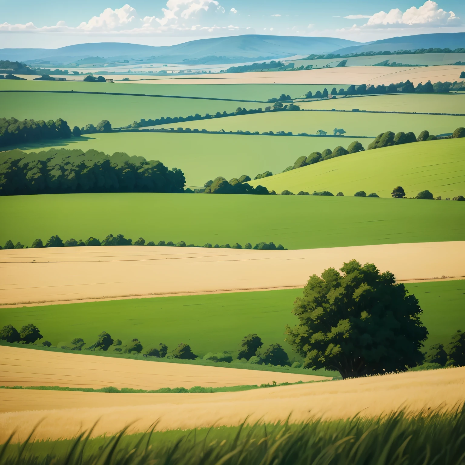 a close up of a cartoon in a field, countryside - blur, anime countryside landscape, anime landscape, countryside background, distant village background, landscape background, airy background, some background blur, landscape - scenery, detailed scenery - width 672, sunny landscape, bright landscape, airy landscape, scenic background, anime background, wide landscape, green fields in the background