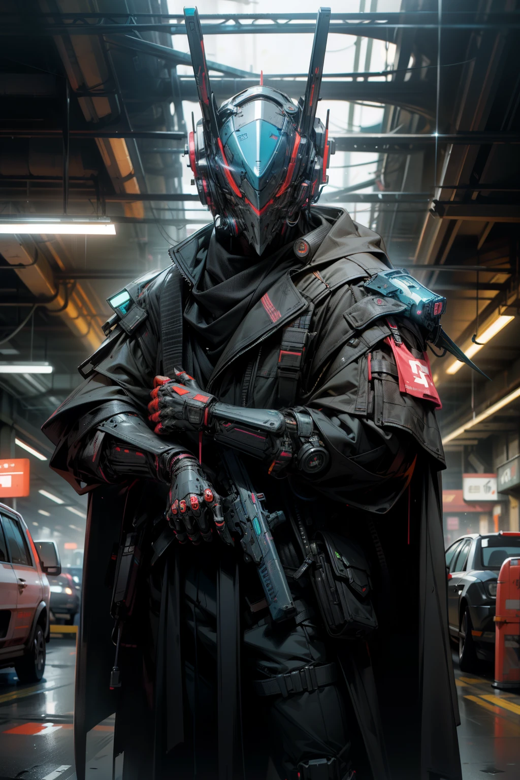 A man wearing a cyberpunk style helmet and mask dressed in a cyberpunk style dark robe, dark cyberpunk style armour with neon blue lights, posing in cyberpunk street, realistic, captivating, 4k, hdr, ultra-detailed,