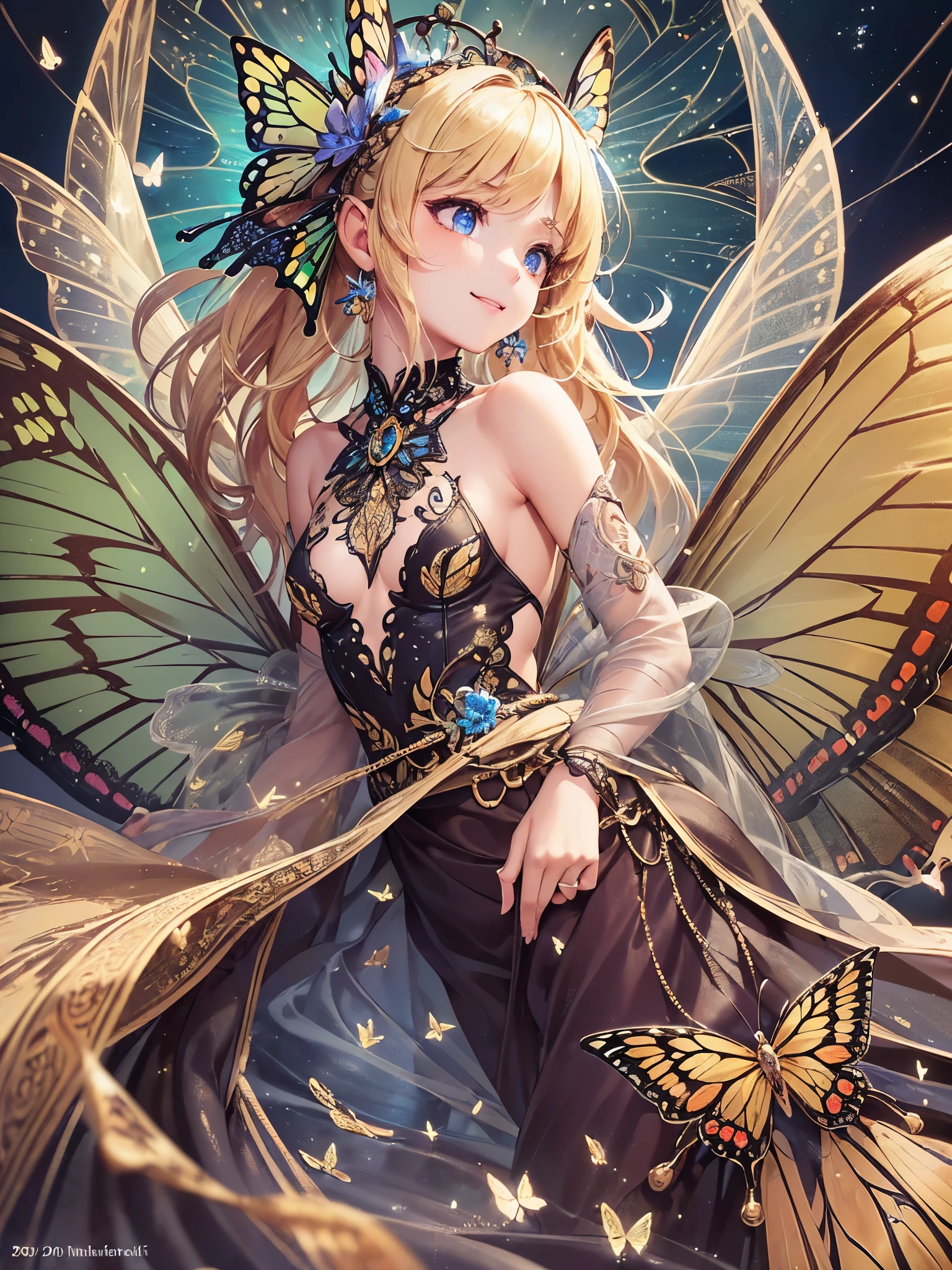 ((highest quality)),(ultra high resolution),(Super detailed),(detailed description),((best CG)),(best work of art),super precision art,amazing drawing art,(Fantasy art with precise details:1.5), (Female Fairy:1.6),(bright butterfly wings:1.6),(Beautiful and pretty innocent smiling face:1.5),(small breasts:1.6),light makeup:1.4,(coiffed blonde hair:1.8),(Smooth skin with fine details:1.6), (traces of light:1.7),