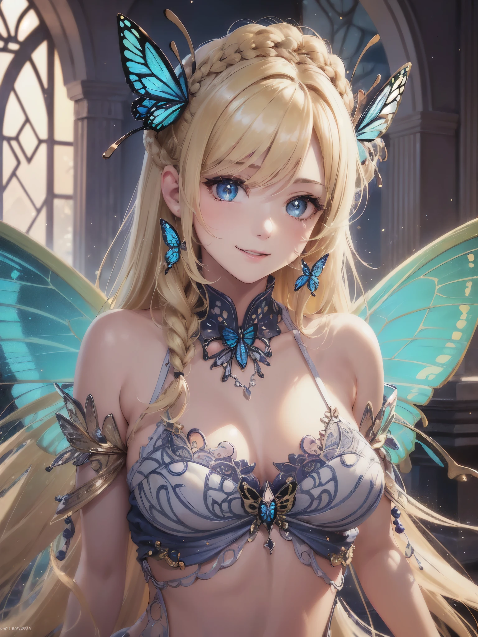 ((highest quality)),(ultra high resolution),(Super detailed),(detailed description),((best CG)),(best work of art),super precision art,amazing drawing art,(Fantasy art with precise details:1.5), (Female Fairy:1.6),(bright butterfly wings:1.6),(Beautiful and pretty innocent smiling face:1.5),(small breasts:1.6),light makeup:1.4,(coiffed blonde hair:1.8),(Smooth skin with fine details:1.6), (traces of light:1.7),