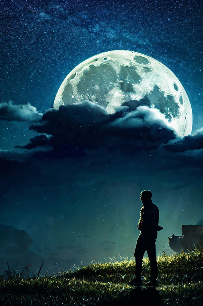 highest quality,big moon and shadow,A silhouette of a person can be seen against the background of the big moon.,There is one full moon,There is a mood,beautiful scenery,starry sky