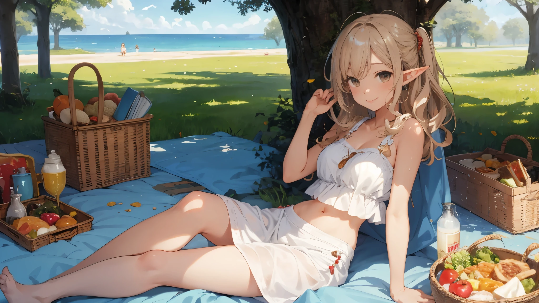 (masterpiece:1.5, best quality:1.5, painting:0.5, grayscale:0.7, absurdres:0.95), 1girl, midriff, navel, curly blonde hair, messy hair, brown eyes, elf, (casual white dress), (suntanned), alluring, legs crossed, sitting on a blanket, picnic, park, trees, food, scenery, warm smile, They say in Heaven, love comes first, We'll make Heaven a place on Earth