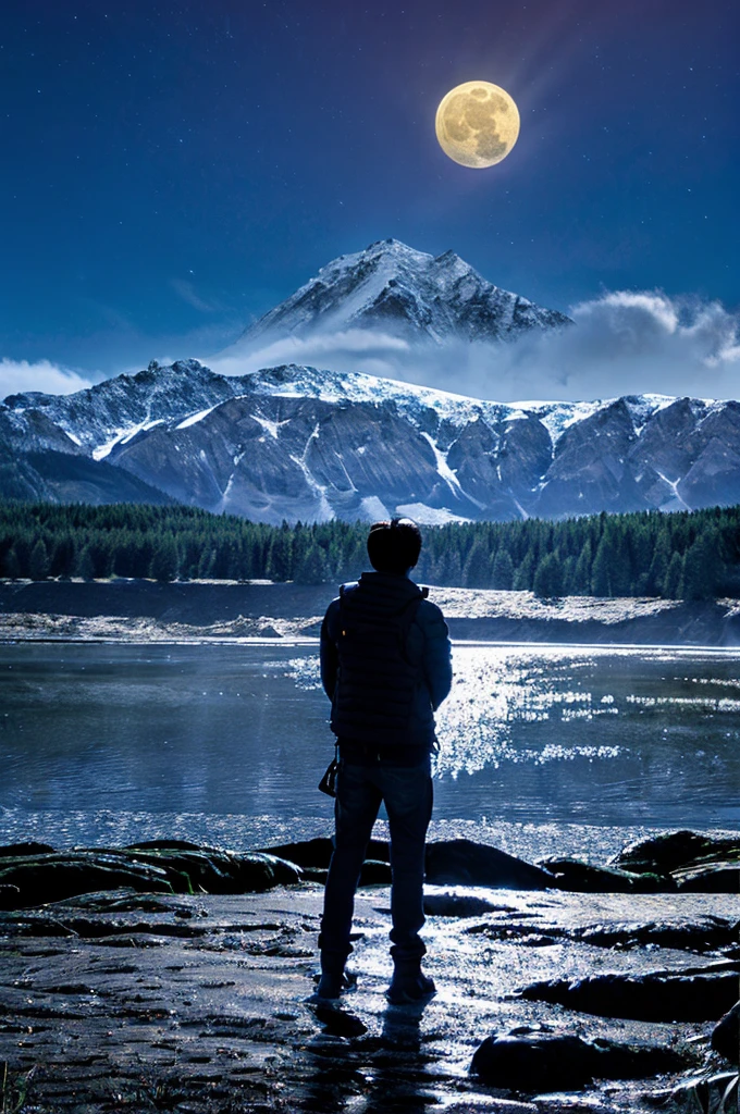 highest quality,big moon and shadow,A silhouette of a person can be seen against the background of the big moon.,There is one full moon,There is a mood,beautiful scenery,starry sky