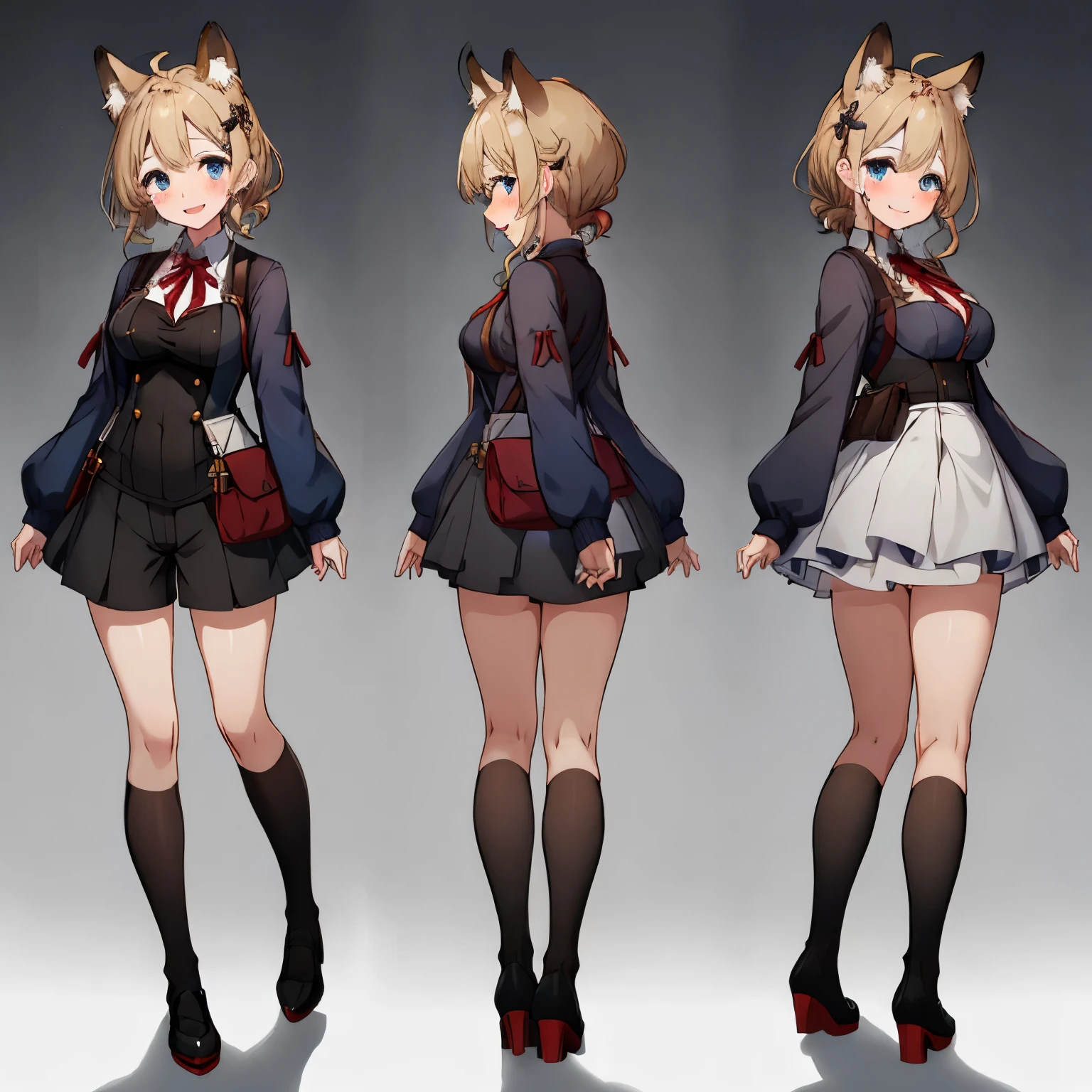 masterpiece: 1.6, highest quality: 1.4, live: 1.2, intricate details: 1.2, 1 short girl, alone, (blonde), long hair, french braid, シングル ~ sidelock, amount: 1.5, fox ears, fox tail: 4, deep blue eyes, bright eyes, big breasts, exposed thighs:1.7, green adventurer style jacket:1.5, Neck apron with short hem, leotard: 3, Pouch:2.5, full body shot, multiple views, front, return, ~ side, performance, (Character setting material collection, Same character in different poses, personality reversal: 1.5, multiple views), arms behind return, portrait, Happy, Are crying, Get angry, smile