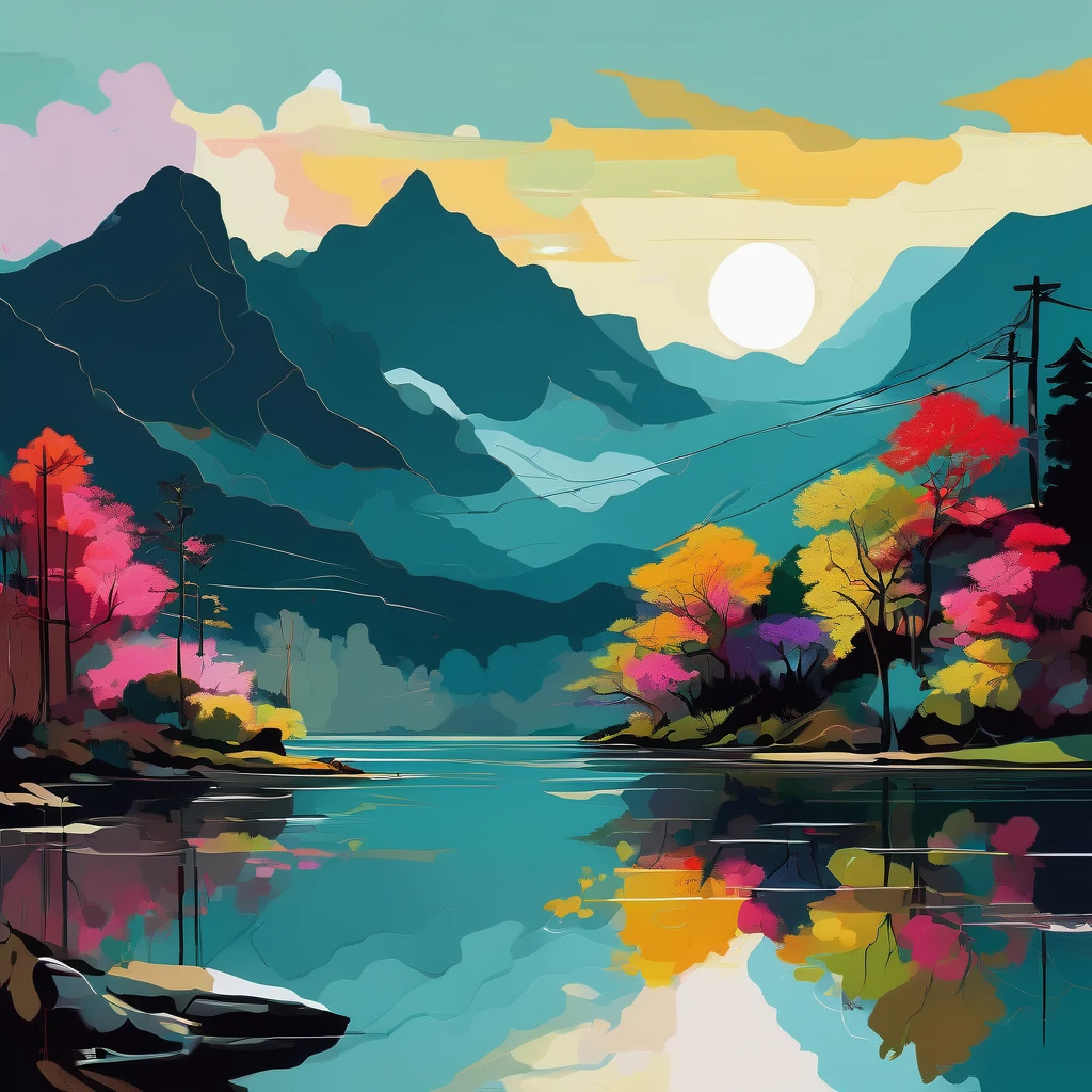 (aesthetic,extremely detailed,Wu-Guanzhong)oil painting of a serene landscape with vibrant colors,his signature brushstrokes, and meticulous attention to detail. The painting showcases a picturesque scenery, featuring majestic mountains, winding rivers, and lush vegetation. The composition is balanced and harmonious, with a serene atmosphere that evokes a sense of tranquility and contemplation. The color palette is vibrant and expressive, with bold brushwork capturing the essence of nature's beauty. The lighting in the painting is soft and diffused, casting gentle shadows and creating a sense of depth and dimension. The artist's unique style is evident in every brushstroke, creating a mesmerizing work of art that celebrates the beauty of the natural world. The painting is of the highest quality, with ultra-detailed elements that showcase the artist's masterful technique. The texture of the artwork is rich and tactile, inviting viewers to immerse themselves in its beauty. Wu Guanzhong's aesthetic vision and dedication to capturing the essence of the landscapes make this oil painting a true masterpiece.