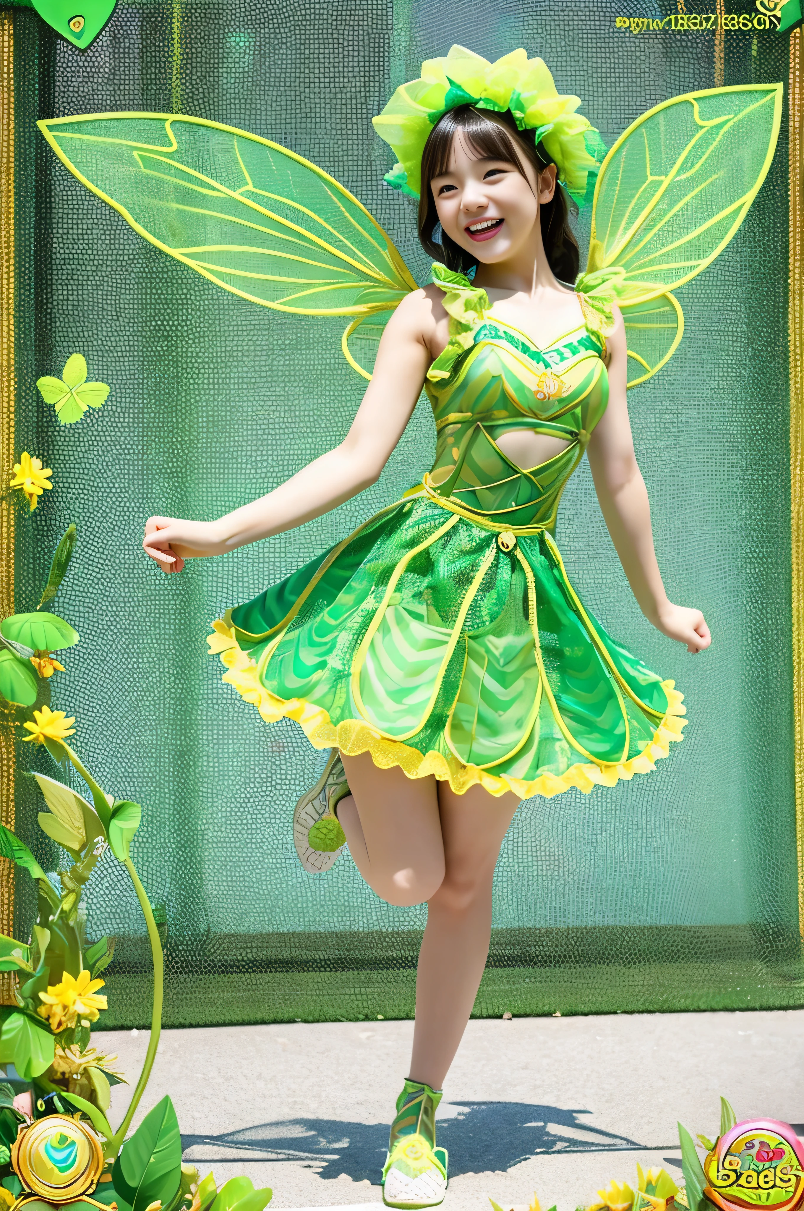Cute fairy of a beautiful girl wearing a count's head'The flesh is green、A melon with a fine mesh pattern on the skin.、Full body pose wearing an earl's dress'A melon design that jumps with a cheerful smile。The beautiful girl fairy that is generated is、、Describe the whole body so that it does not protrude from the screen。