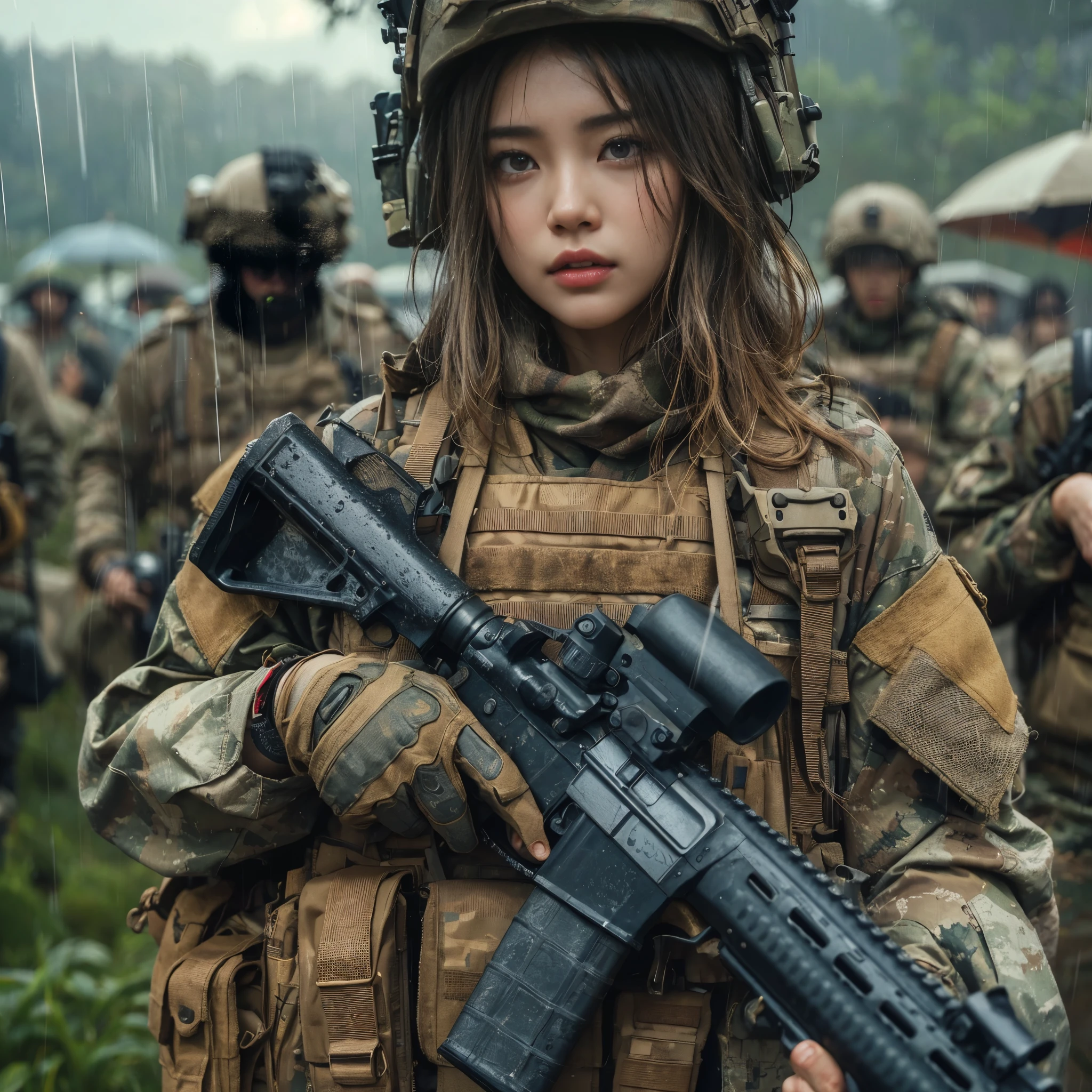 Beautiful Japan 16-year-old girl of Self-Defense Force fighting on the battlefield、Light muscles、world war、Modern war themes、Military Girl、rifle、(holding rifle:1.3)、(Aiming and holding a rifle:1.3)、Soldier Girl、Infantry girls、gun fight、air raid、aerial bombing、Military、camouflage uniform、Burning vehicles、Warzone、battle field、karo、ruins、explosions、A city in flames、fumo、(helmets)、(torn tanktop、Torn military pants:1.3)、Navel Ejection、gloves、(Face stained with mud and blood:1.3)、sweats streamed skin、(bloody skin、Mud-stained skin:1.3)、small tits、cleavage of the breast、A sad look of despair、Pained look、top-quality、超A high resolution、absurderes、realisticlying、physically-based renderingt、cinematlic lighting、Complex and cinematic appearance、Soft light like a movie、soothing tones、Battlefield Background、Background of the war in the city、Photorealsitic、cowboy shot、dynamic ungle
