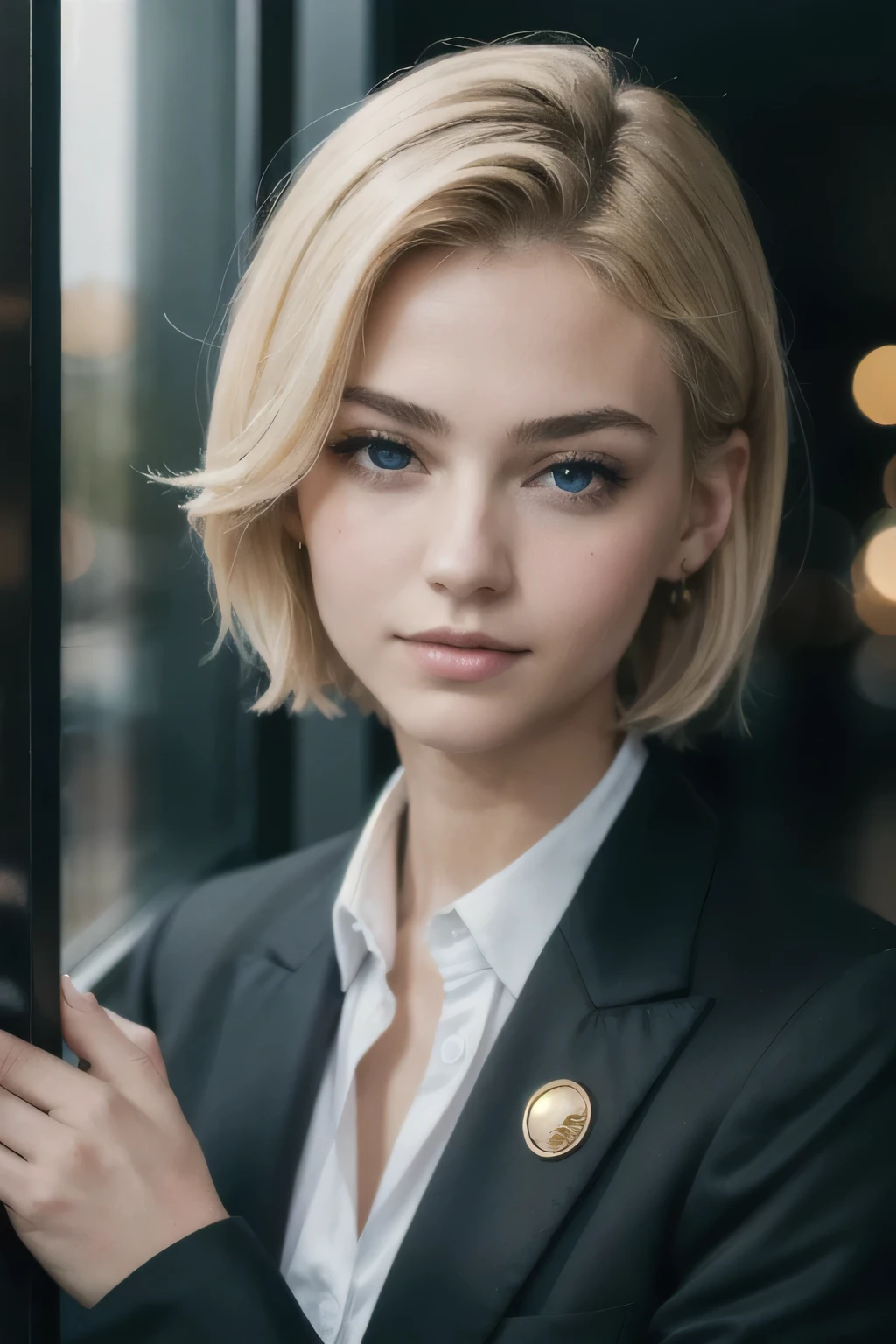 european girl portrait,alone,20 years,beautiful face,Upper body,hair above one eye,medium side cut, blonde hair, sharp focus,black business suit