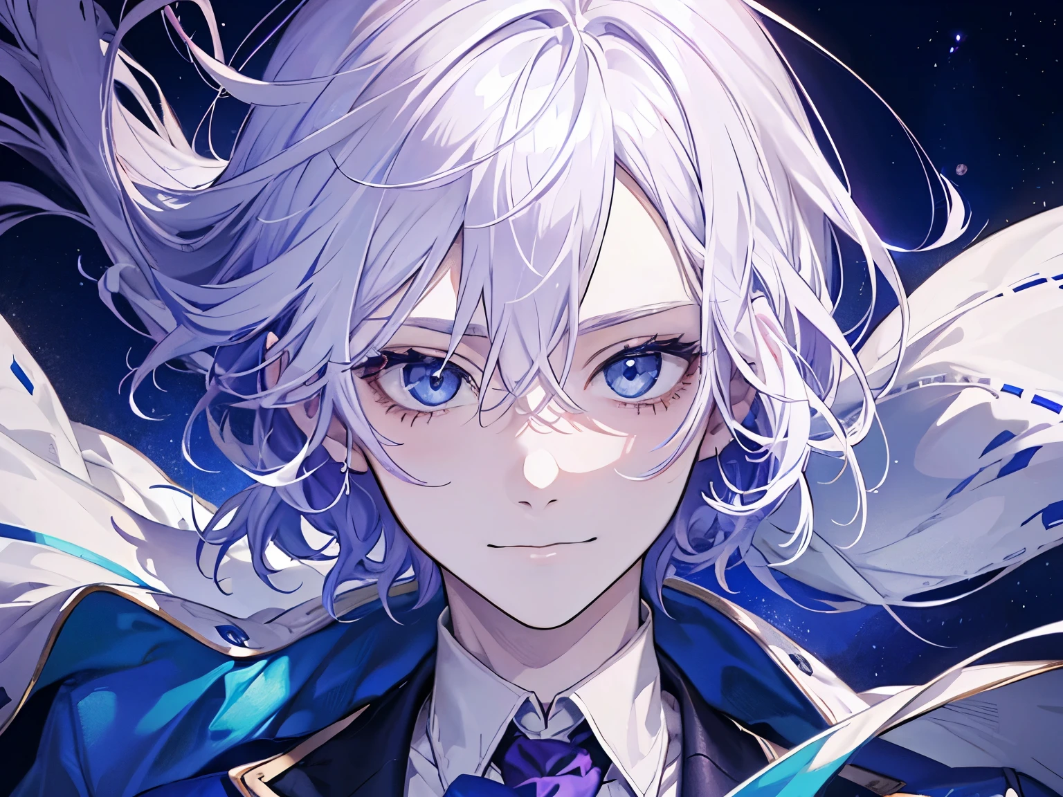 1 male, white hair, purple formal suit, blue eyes　happy smiling face