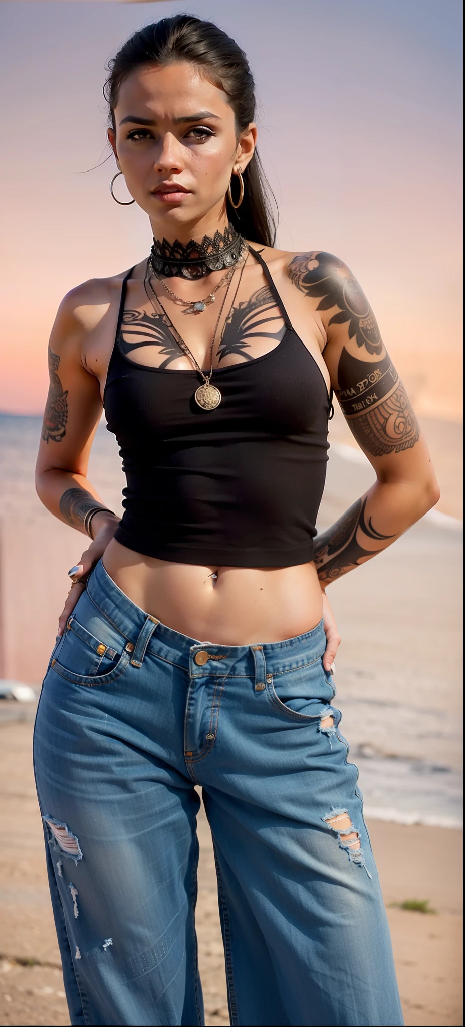 arafed woman com tatuagens and piercings posing for a picture, vestindo uma blusa preta cropped, vestindo uma regata preta cortada, com tatuagens, tatuado, 2 modelo feminino de 4 anos, usando um top cropped sexy, Tatuado body, she is wearing a black blouse, usando top curto, her belly button is exposed, umbigo perfurado, Tatuado