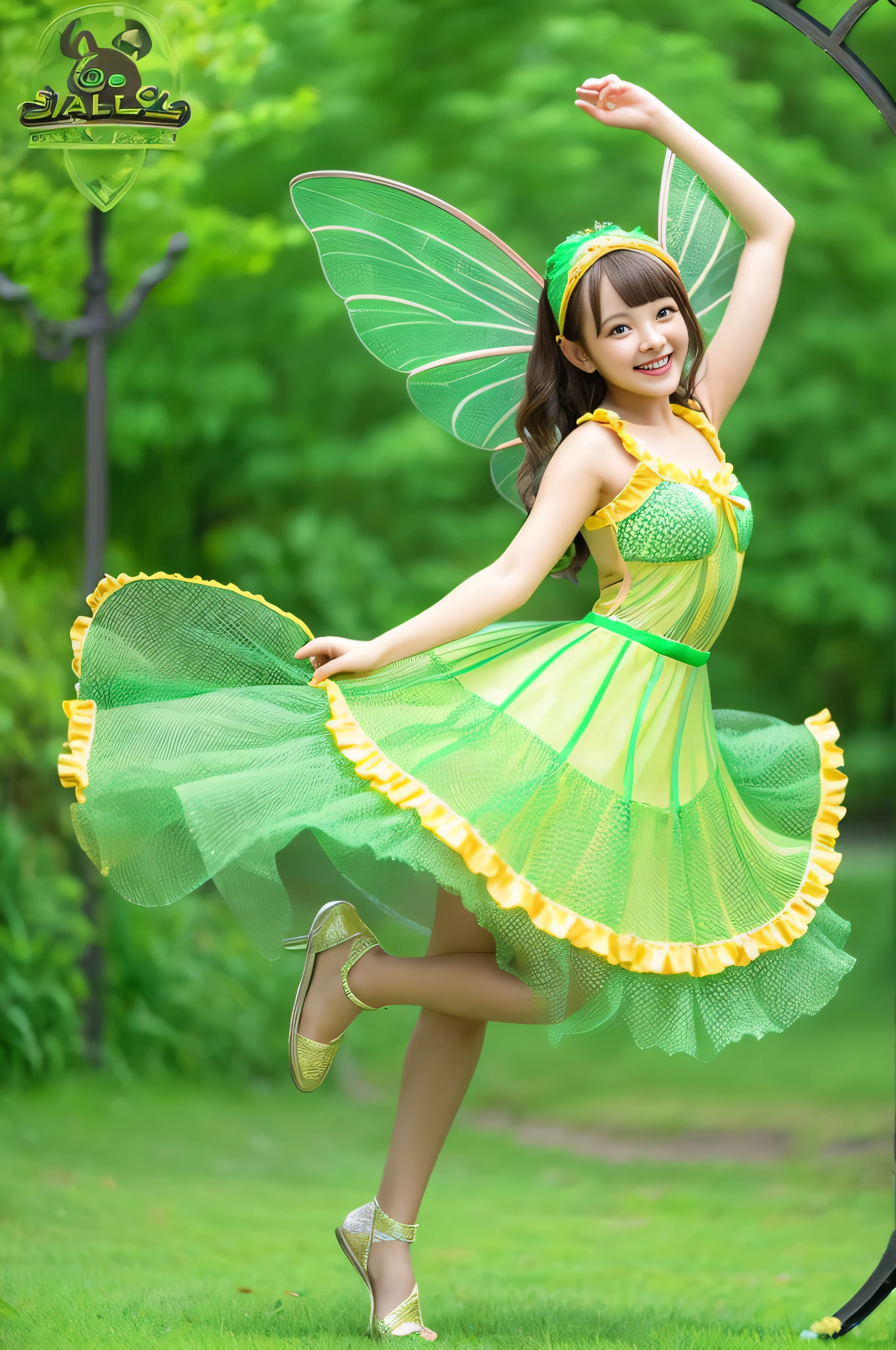 Cute fairy of a beautiful girl wearing a count's head'The flesh is green、A melon with a fine mesh pattern on the skin.、Full body pose wearing an earl's dress'A melon design that jumps with a cheerful smile。The beautiful girl fairy that is generated is、、Describe the whole body so that it does not protrude from the screen。