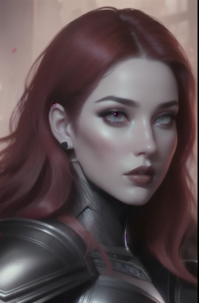 Attractive woman, portait, red hair, detailed eyes, full lips, cinematic lighting, (black ornate armor)1.1, chubby cheeks, forward the camera, Red glowing veins on her face, And bright red makeup